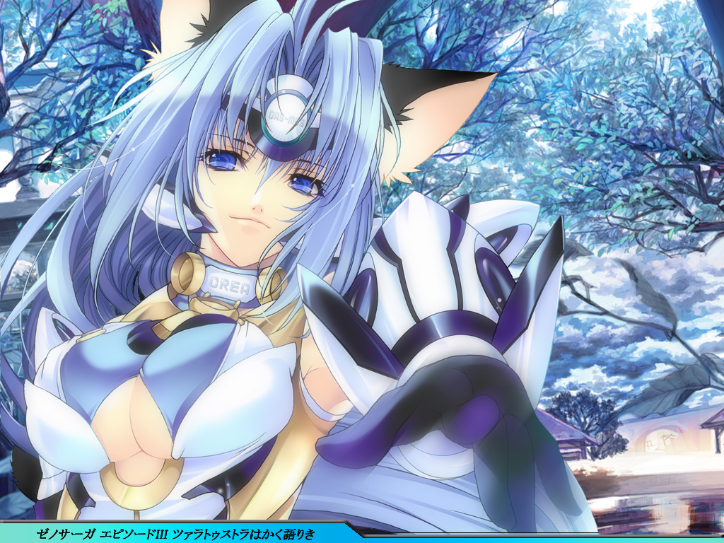 creayus, kos-mos, kos-mos ver. 4, xenosaga, xenosaga episode iii, translation request, 00s, 1girl, animal ears, blue eyes, blue hair, breasts, cat ears, elbow gloves, female focus, gloves, long hair, matching hair/eyes, outdoors, solo
