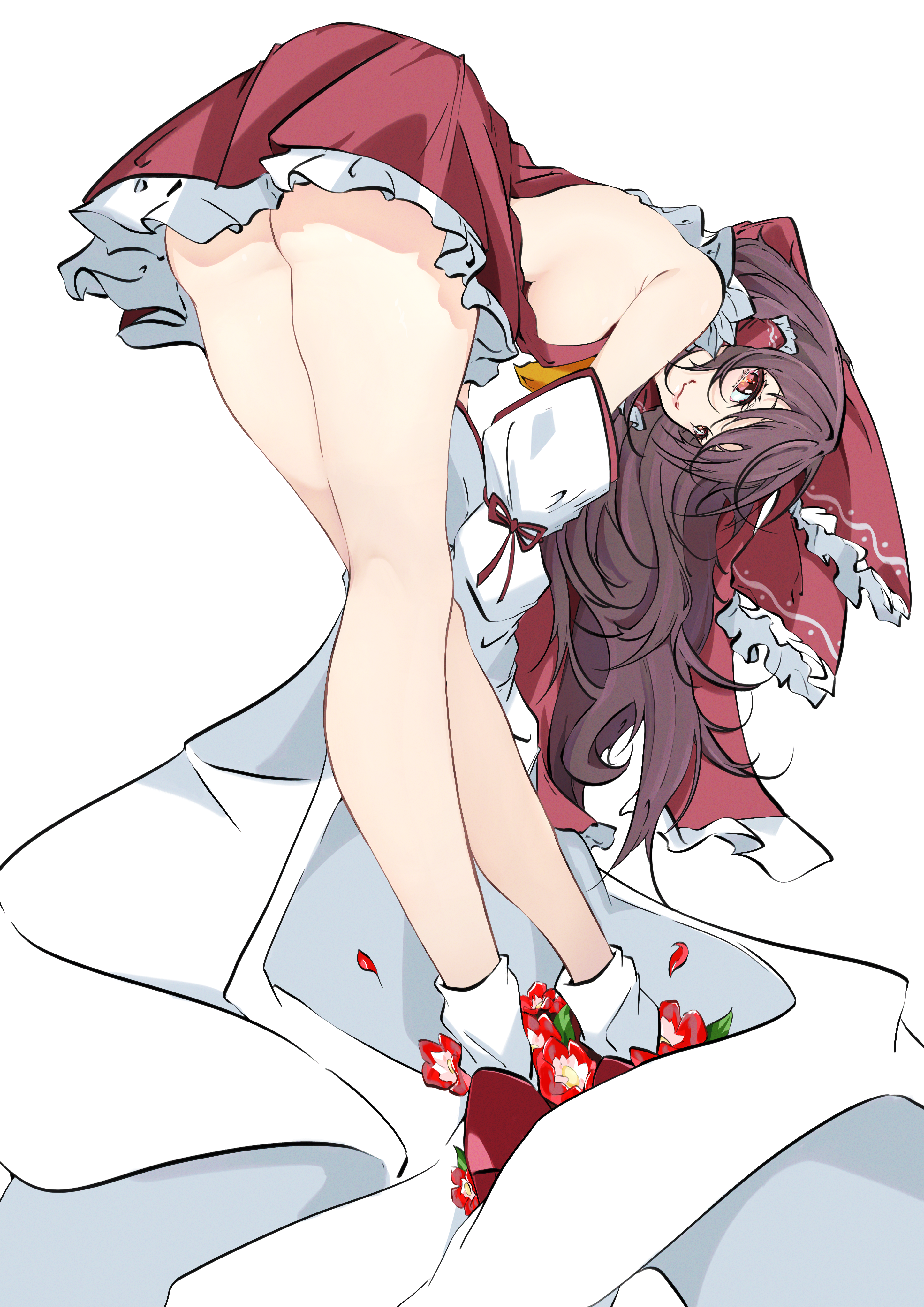 unanooo (fthx7532), hakurei reimu, touhou, absurdres, highres, 1girl, ass, bent over, blush, bow, brown hair, detached sleeves, frilled bow, frilled hair tubes, frills, gohei, hair bow, hair tubes, long hair, looking at viewer, red bow, red eyes, red skirt, ribbon-trimmed sleeves, ribbon trim, simple background, skirt, skirt set, smile, solo, white background