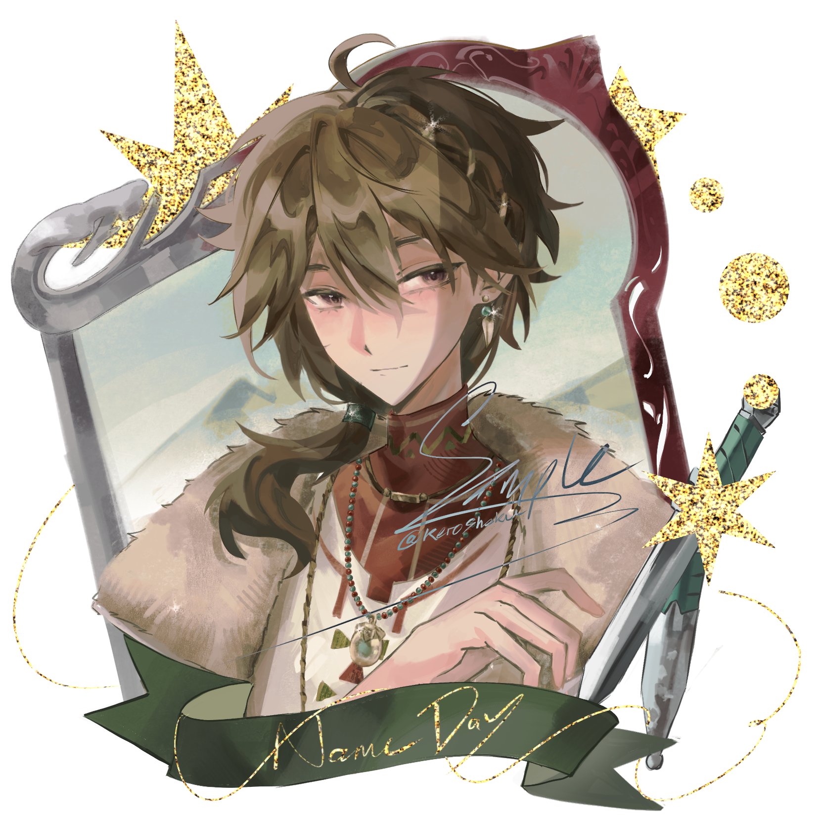 keroshoku, name day (reverse:1999), reverse:1999, highres, 1boy, banner, bead necklace, beads, brown eyes, brown hair, character name, coat, dagger, earrings, fur-trimmed coat, fur trim, hand up, jewelry, knife, low ponytail, male focus, medium hair, necklace, ponytail, sample watermark, shirt, single earring, solo, tooth earrings, upper body, watermark, weapon, white shirt