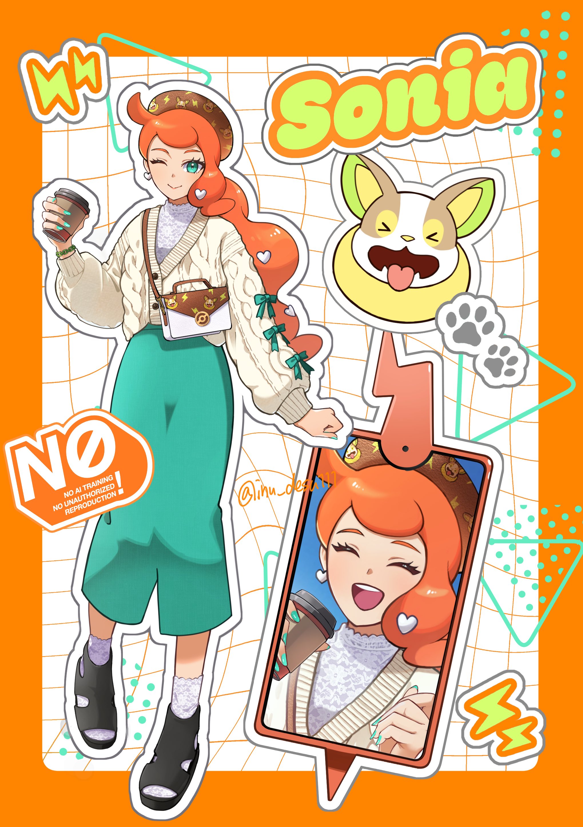 shiba (tonari no shiba inu), sonia (pokemon), yamper, nintendo, pokemon, pokemon swsh, absurdres, commentary request, highres, 1girl, ;), alternate costume, black sandals, bracelet, brown hat, buttons, cardigan, character name, closed mouth, cup, disposable cup, eyelashes, gen 8 pokemon, green eyes, green nails, green pants, hair ornament, hand up, hat, heart, heart hair ornament, holding, jewelry, lightning bolt symbol, long hair, long sleeves, nail polish, one eye closed, orange hair, outline, pants, phone, sandals, smile, socks, twitter username, watermark