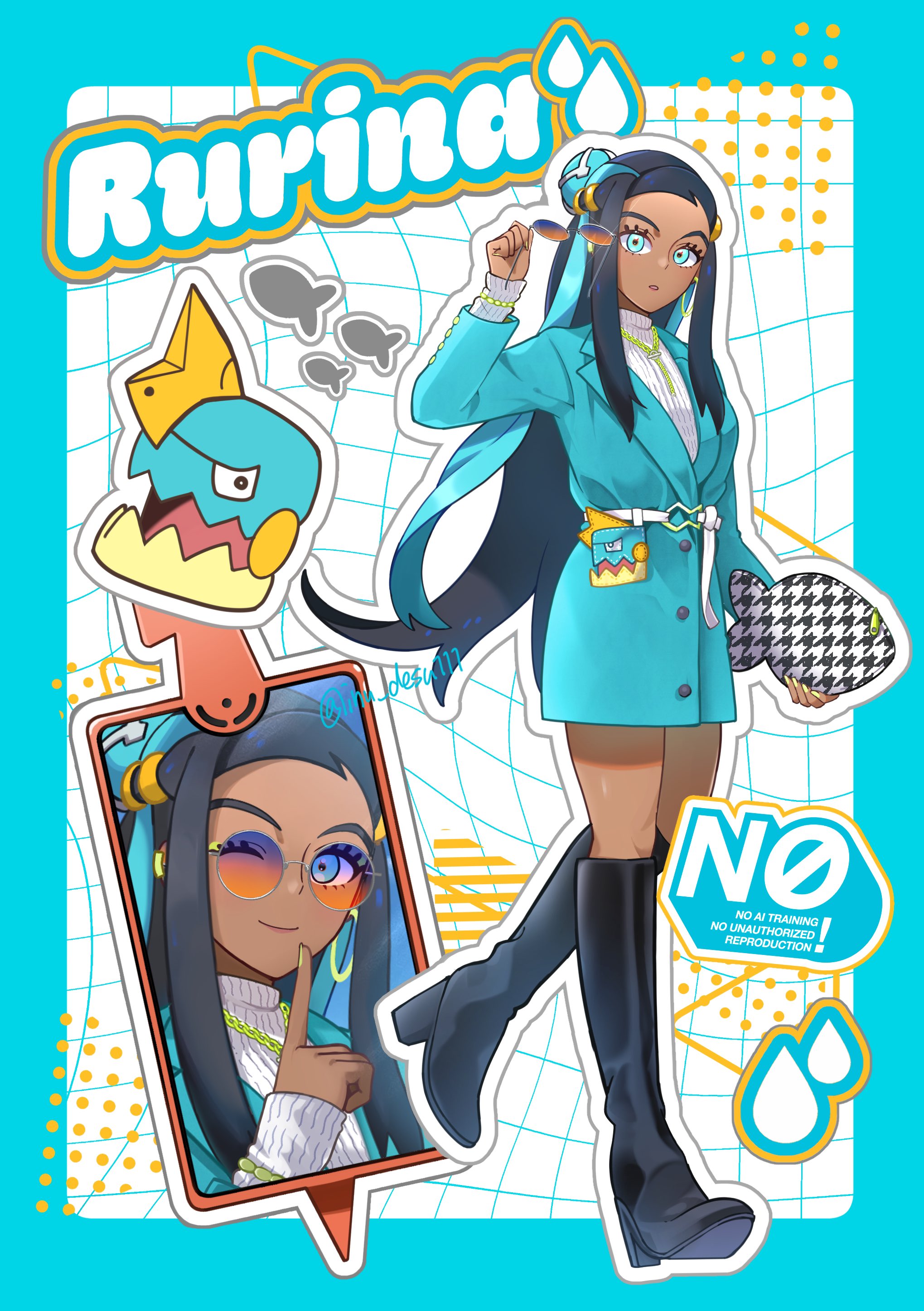 shiba (tonari no shiba inu), drednaw, nessa (pokemon), nintendo, pokemon, pokemon swsh, absurdres, commentary request, highres, 1girl, alternate costume, aqua eyes, black boots, black hair, boots, bracelet, buttons, character name, coat, dark-skinned female, dark skin, eyelashes, gen 8 pokemon, hair bun, hand up, holding, holding removed eyewear, jewelry, knee boots, knees, long sleeves, multicolored hair, open mouth, outline, phone, sidelocks, standing, sunglasses, sweater, sweater under coat, twitter username, two-tone hair, unworn eyewear, watermark, white sweater