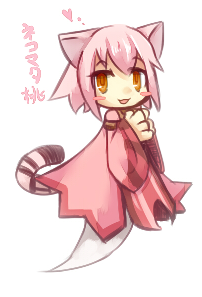 akamomosiro, emil chronicle online, 1girl, :3, animal ears, blush stickers, cat ears, cat girl, cat tail, character name, dress, ghost girl, ghost tail, heart, nekomata momo, open mouth, palms together, pink dress, pink hair, pink tail, solo, spoken heart, tail, yellow eyes