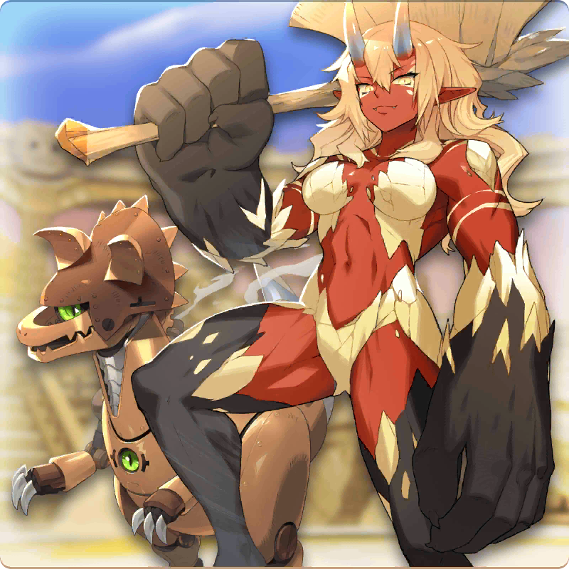 dino (monster farm), line: monster farm, monster farm, official art, 1girl, axe, colosseum, dinosaur, fangs, giant hand, horns, kijin (monster farm), monster girl, muscular, muscular female, oni, pointy ears, robot, techno dino (monster farm)