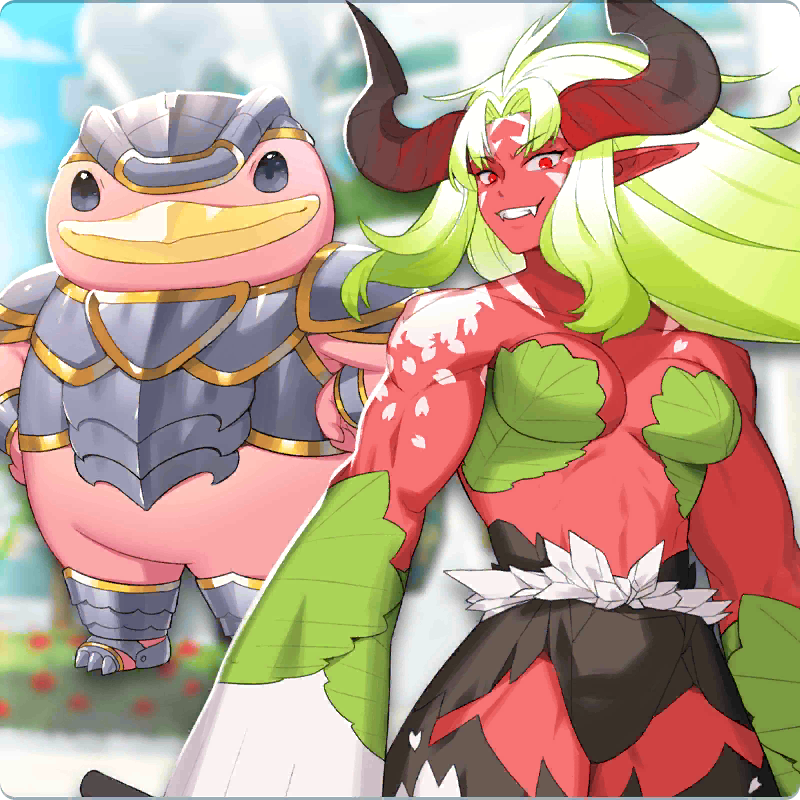 line: monster farm, monster farm, official art, 1girl, armor, armorcchi (monster farm), beak, fangs, green hair, hanayoridango (monster farm), horns, kijin (monster farm), monster girl, muscular, muscular female, oni, pointy ears, red eyes, smile