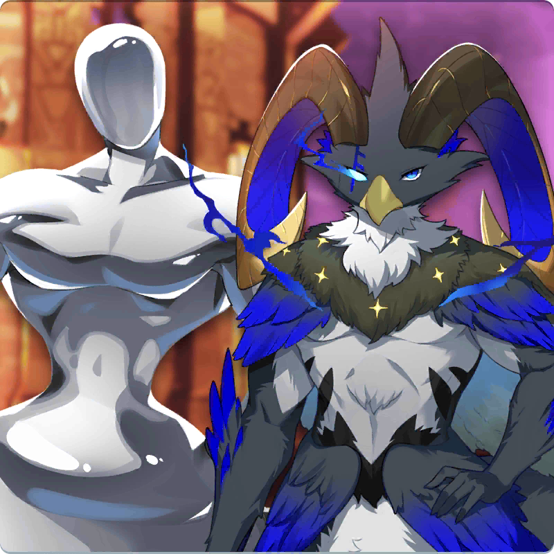 centaur (monster farm), jell (monster farm), line: monster farm, monster farm, slime, official art, beak, horns, liquid body, metal body, metaly (monster farm), monster, odin (monster farm), one-eyed