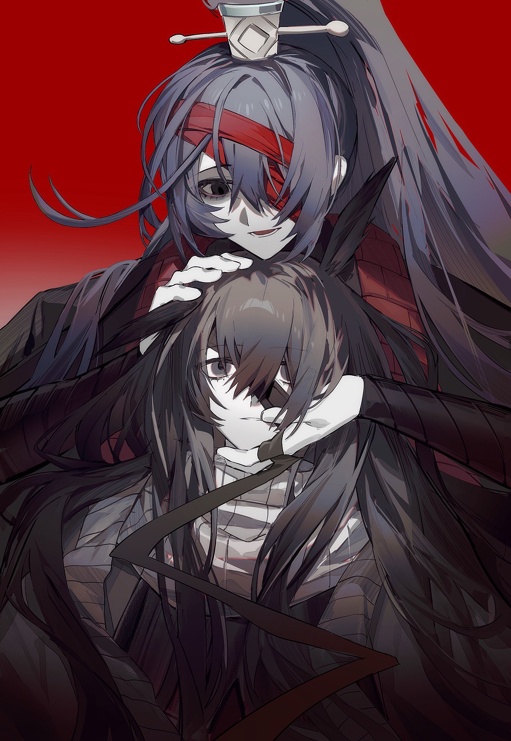 bochishiraita, hong lu (project moon), yi sang (project moon), limbus company, project moon, absurdres, highres, 2boys, animal ears, arm wrap, bandage over one eye, black eyes, black hair, black hanfu, chinese clothes, family hierarch candidate (identity) (project moon), grey scarf, hanfu, heishou pack-wu branch (identity) (project moon), high ponytail, horse ears, long hair, looking at another, male focus, multiple boys, ponytail, red background, scarf, simple background, upper body