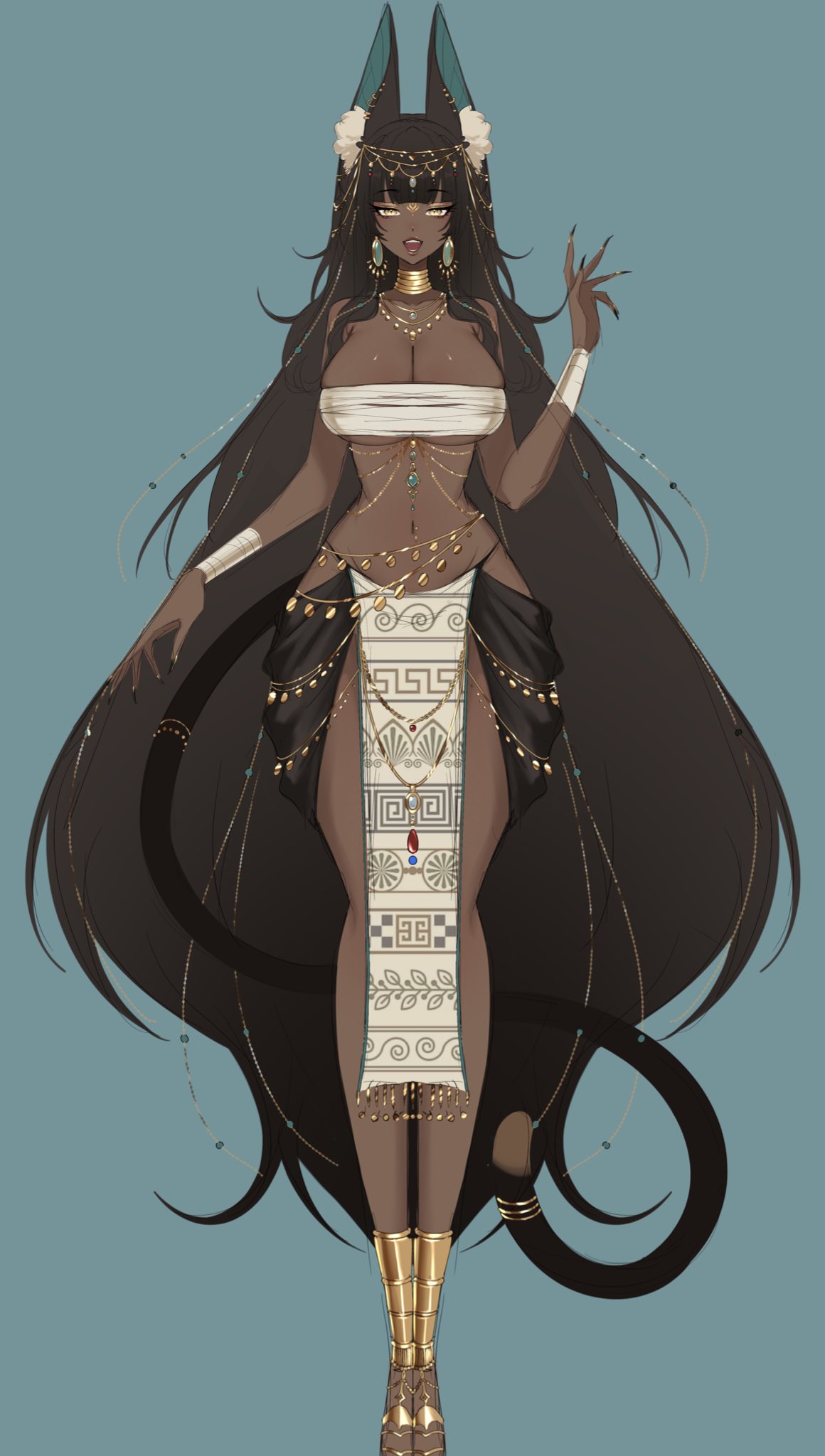 jin (xiannie), original, gold collar, highres, 1girl, animal ear fluff, animal ears, black hair, black nails, blue background, breasts, cleavage, dark-skinned female, dark skin, earrings, fingernails, full body, jewelry, large breasts, lips, long hair, navel, open mouth, pelvic curtain, sharp fingernails, solo, tail, yellow eyes