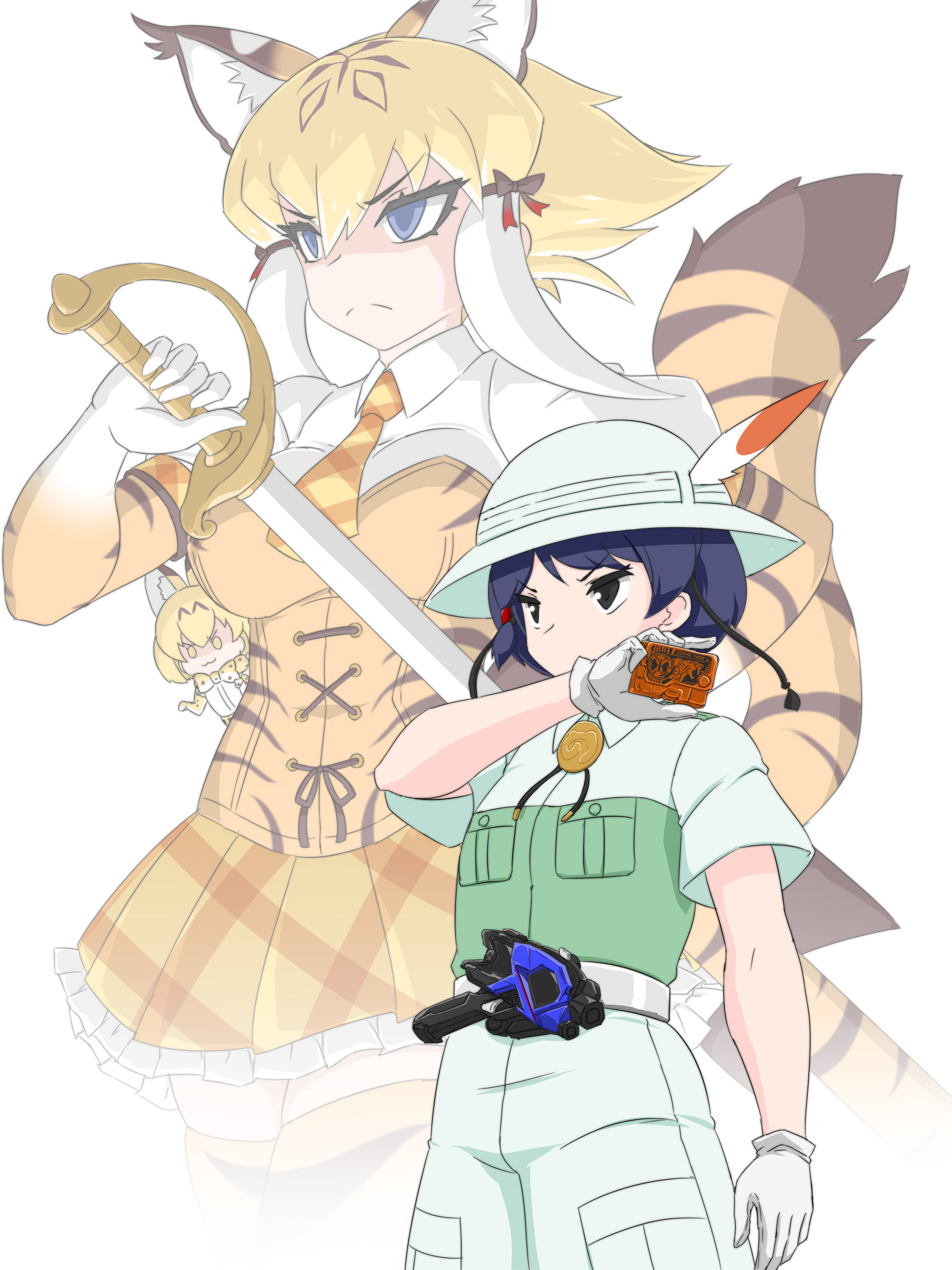 tsukushi (741789), captain (kemono friends), kamen rider valkyrie, kamen rider vulcan, kamen rider zero-one, serval (kemono friends), smilodon (kemono friends), kamen rider, kamen rider 01 (series), kemono friends, kemono friends 3, absurdres, highres, 1girl, 3girls, a.i.m.s. shotriser, animal ears, animal print, black hair, blonde hair, blue eyes, blush, bow, bucket hat, extra ears, gloves, hair between eyes, hat, hiden zero-one driver, holding, holding sword, holding weapon, jacket, kamen rider vulcan lone wolf, multicolored hair, multiple girls, necktie, safari jacket, shirt, short hair, short sleeves, skirt, sword, tail, thighhighs, tiger ears, tiger tail, weapon, white hair