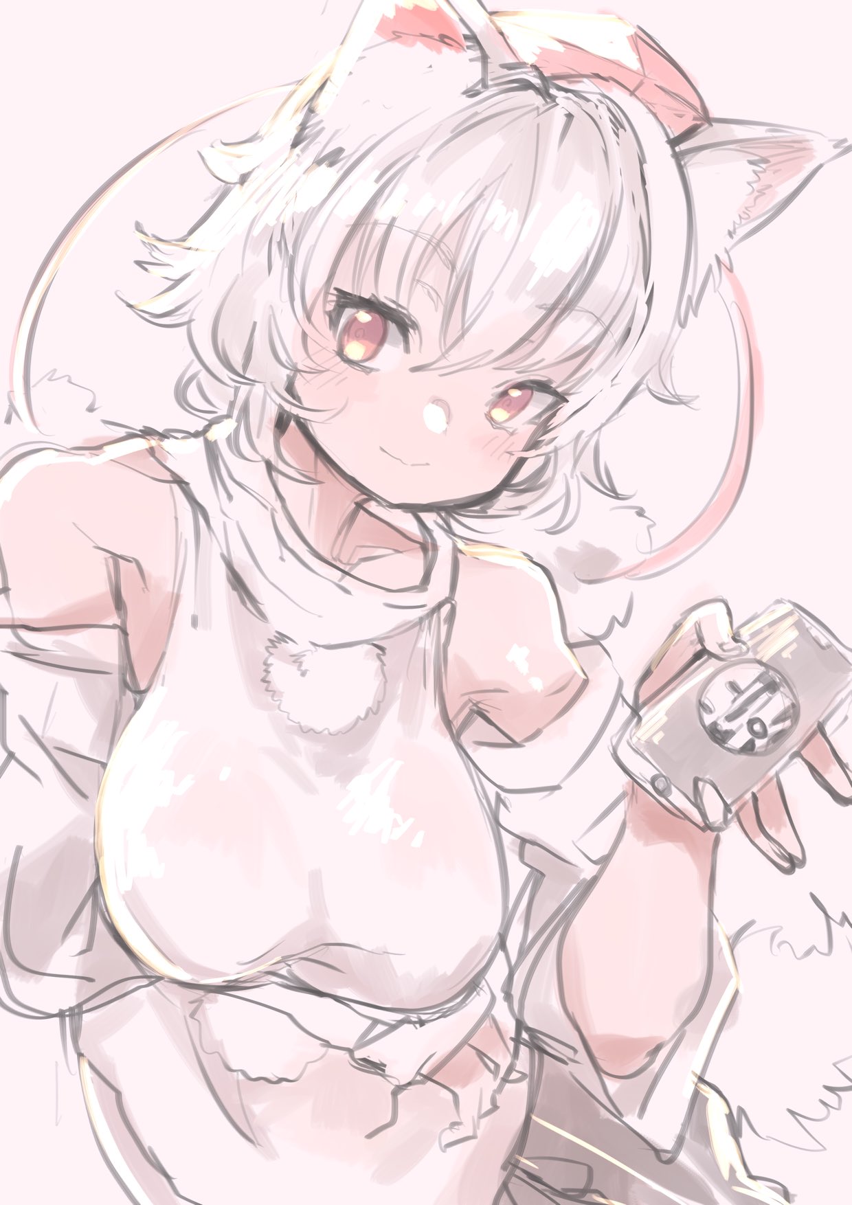 yoyoiro (sysi20), inubashiri momiji, touhou, commentary request, highres, 1girl, animal ear fluff, animal ears, bare shoulders, black skirt, breasts, brown eyes, cellphone, closed mouth, crossed bangs, detached sleeves, hair between eyes, hat, holding, holding phone, large breasts, long sleeves, looking at viewer, messy hair, phone, pink background, pom pom (clothes), red hat, shirt, short hair, simple background, skirt, smartphone, smile, solo, tail, tokin hat, upper body, white hair, white shirt, wide sleeves, wolf ears, wolf girl, wolf tail