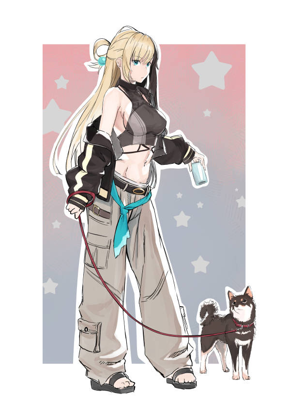 hinoru saikusa, original, 1girl, blonde hair, blue eyes, breasts, dog, jacket, leash, long hair, medium breasts, midriff, navel, off shoulder, open clothes, open jacket, sandals, solo