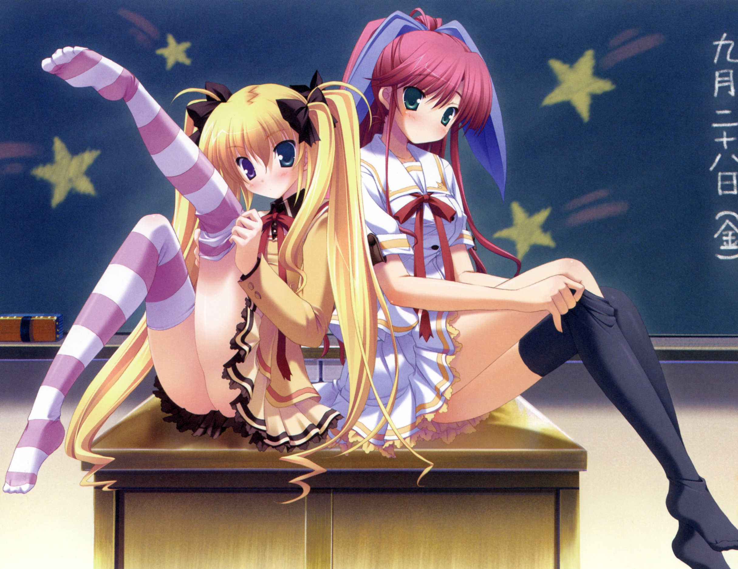 ikegami akane, futaba hinata, hoshikawa ruka, hoshiful, striped legwear, highres, 2girls, blonde hair, green eyes, heterochromia, long hair, multiple girls, school uniform, serafuku, sitting, thighhighs, twintails