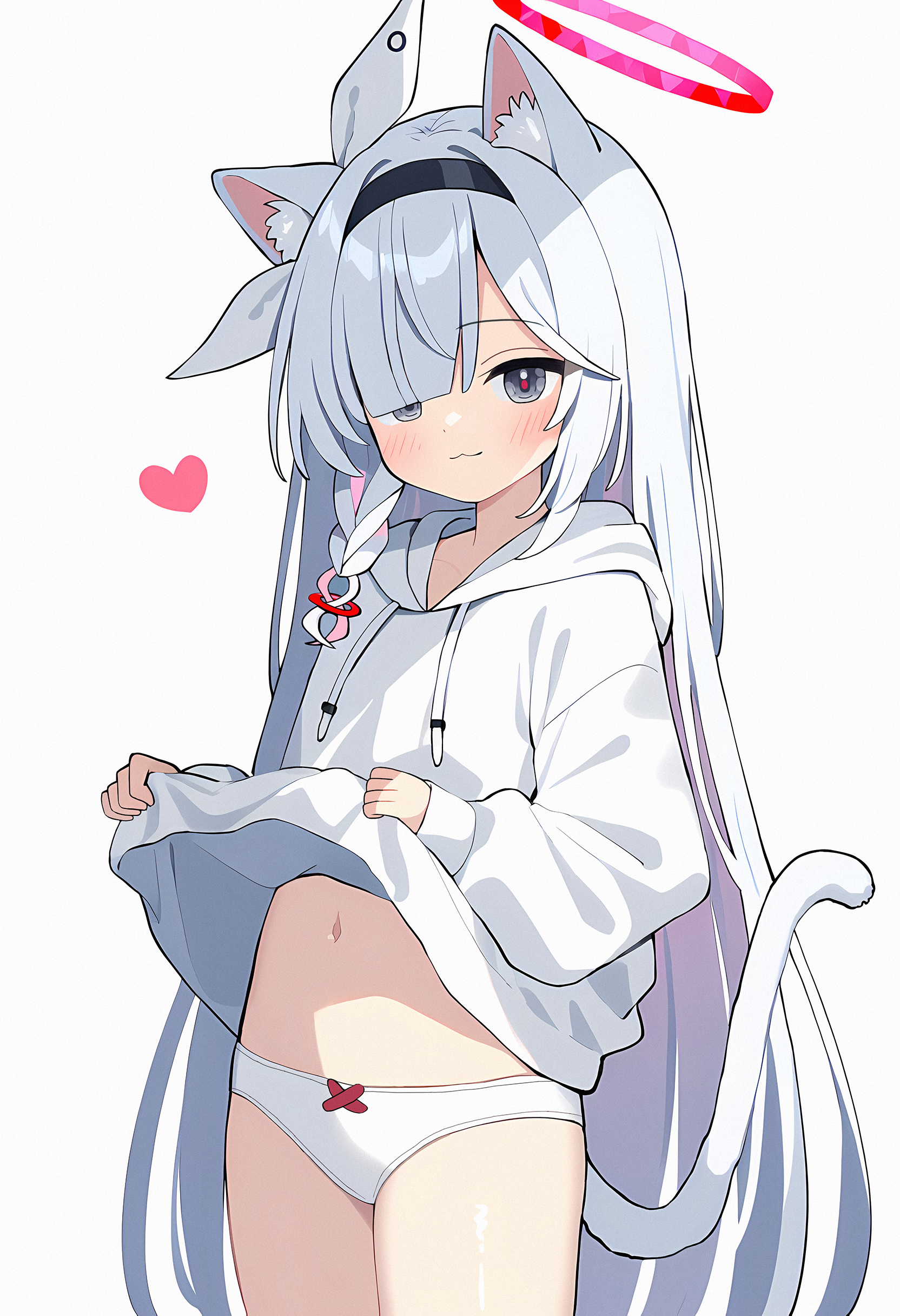 auto ins, plana (blue archive), blue archive, absurdres, highres, 1girl, :3, alternate costume, animal ear fluff, animal ears, black headband, blush, bow, cat ears, cat tail, grey eyes, halo, headband, heart, hood, hoodie, long hair, long sleeves, navel, panties, pink halo, simple background, tail, thighs, underwear, very long hair, white background, white bow, white hoodie, white panties