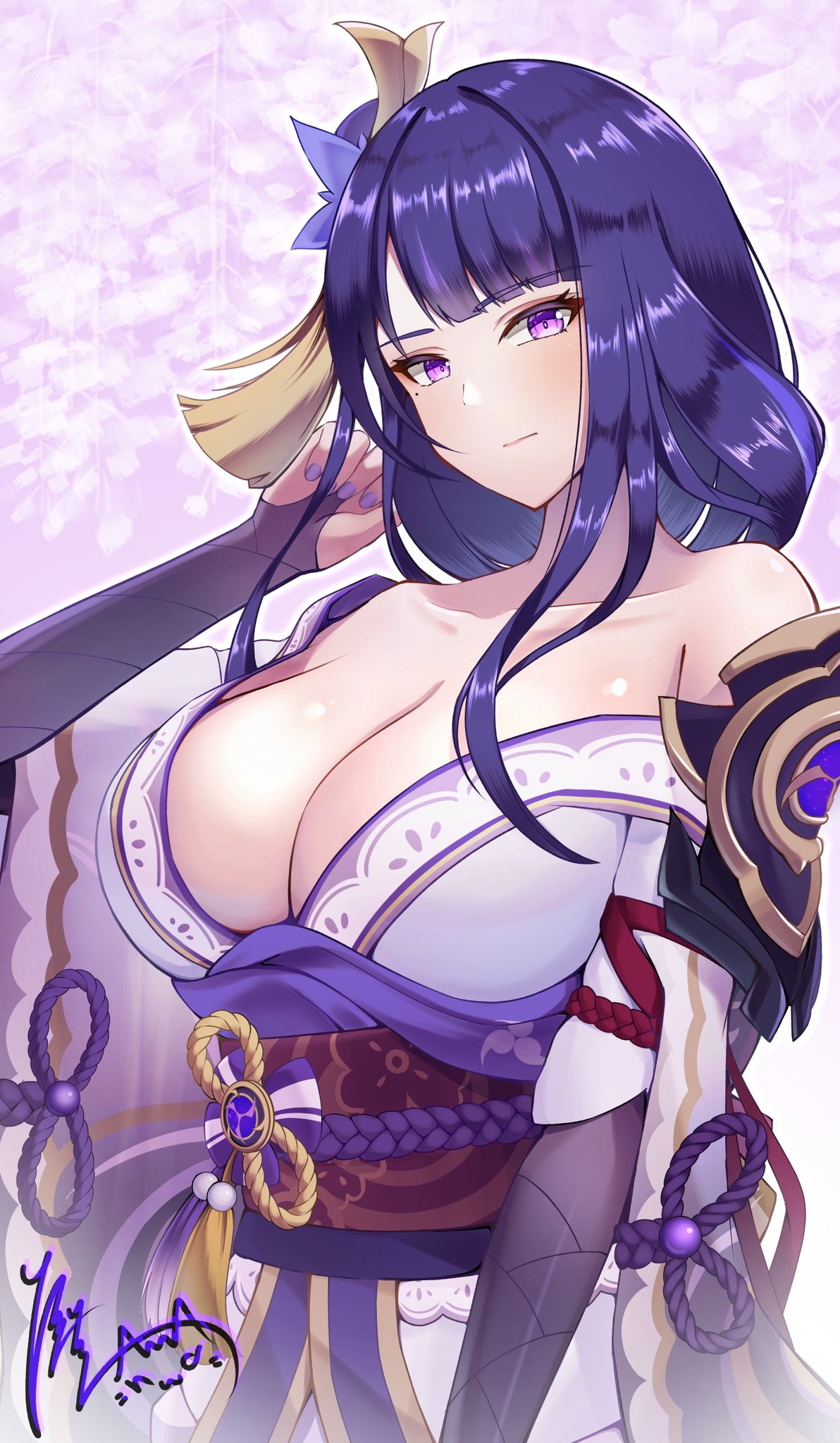 hiziriamane, raiden shogun, genshin impact, commentary request, highres, 1girl, armpits, artist name, asymmetrical sleeves, back bow, bare shoulders, bow, braid, breasts, bridal gauntlets, cleavage, closed mouth, collarbone, eyeliner, fan hair ornament, flower, flower ornament, hair ornament, head tilt, huge breasts, japanese clothes, kimono, light blush, long braid, long hair, looking at viewer, looking to the side, makeup, mitsudomoe (shape), mole, mole under eye, multicolored hair, off shoulder, purple background, purple eyes, purple flower, purple hair, purple kimono, purple nails, red eyeliner, red sash, sash, shade, single braid, solo, standing, streaked hair, tomoe (symbol), uneven sleeves, upper body, wide sleeves