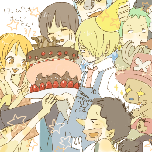yukke, brook (one piece), franky (one piece), monkey d. luffy, nami (one piece), nico robin, roronoa zoro, sanji (one piece), tony tony chopper, usopp, one piece, lowres, 2girls, 6+boys, cake, everyone, food, happy, hat, multiple boys, multiple girls, pastry, pink hat