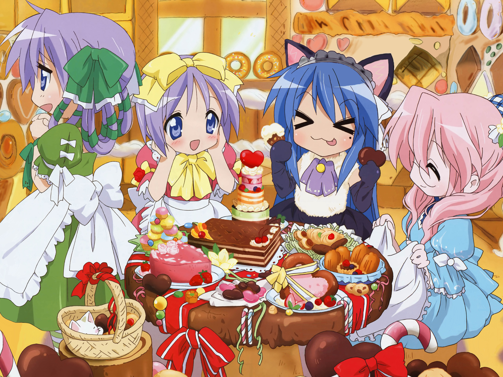 hiiragi kagami, hiiragi tsukasa, izumi konata, takara miyuki, lucky star, highres, > <, 00s, 4girls, :3, :p, animal ears, basket, bow, cake, candy, candy cane, cat, cat ears, chocolate, chocolate heart, closed eyes, cookie, donut, dress, feast, food, hair rings, heart, long hair, mole, mole under eye, multiple girls, pastries, pastry, siblings, sisters, tongue, tongue out, twins