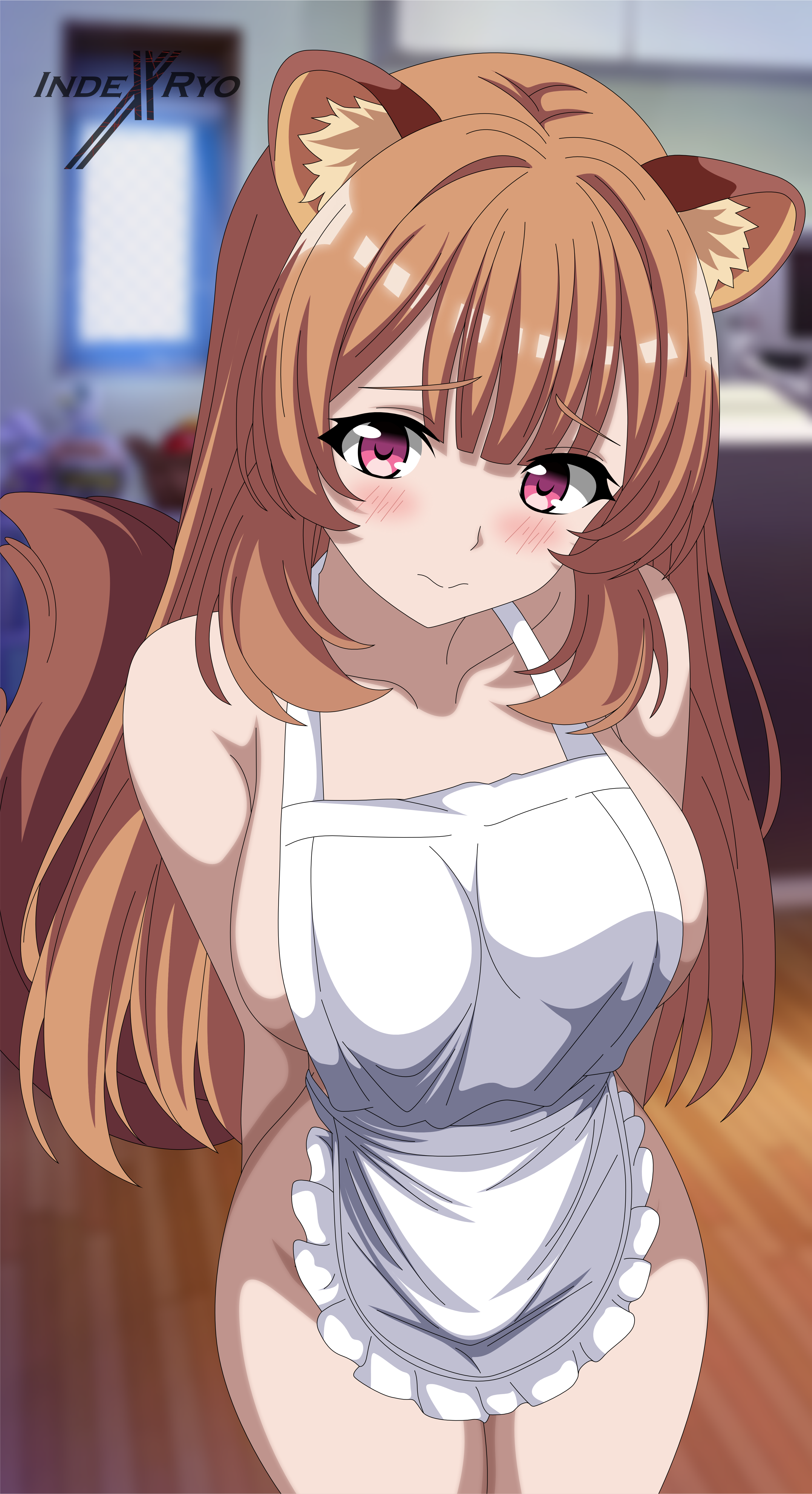 indexxryo, raphtalia, tate no yuusha no nariagari, absurdres, highres, 1girl, animal ears, apron, arms behind back, blush, breasts, brown hair, embarrassed, indoors, large breasts, long hair, looking at viewer, naked apron, no bra, no panties, raccoon ears, raccoon girl, red eyes, sideboob, solo, white apron