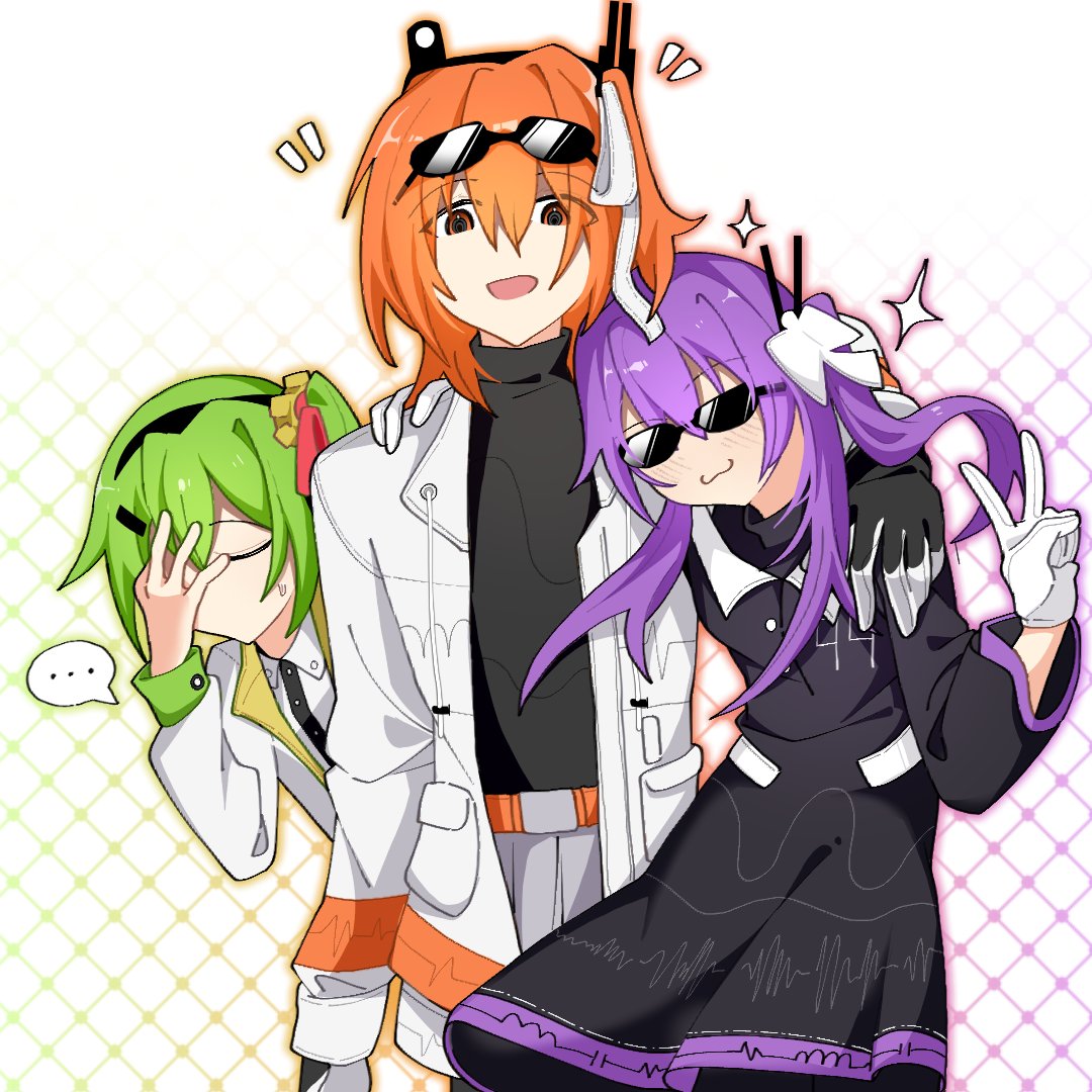 yi xing luren, adachi rei, chaun meguri, tsukumo shion, a.i. voice, original, utau, 3girls, :3, black dress, black shirt, closed eyes, dress, eyewear on head, facepalm, gear hair ornament, gloves, green hair, hair ribbon, hand on another's shoulder, jacket, long hair, long sleeves, looking at viewer, medium hair, multiple girls, one side up, open clothes, open jacket, open mouth, orange eyes, orange hair, purple hair, ribbon, shirt, smile, sparkle, sunglasses, upper body, v, white gloves, white jacket