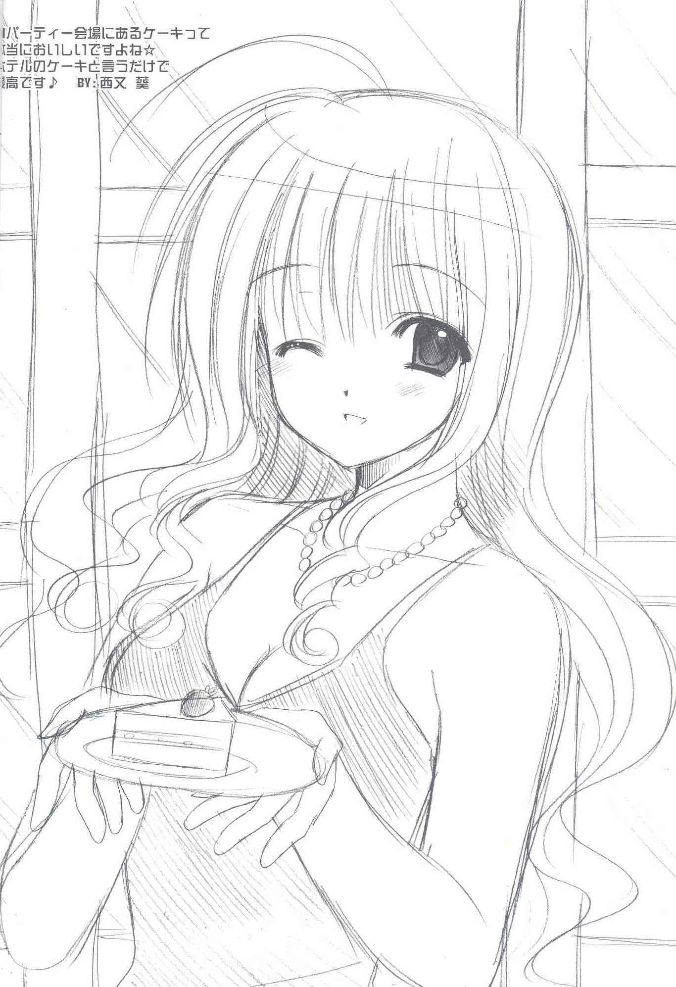 nishimata aoi, highres, scan, 1girl, breasts, cake, cleavage, female focus, food, greyscale, medium breasts, monochrome, one eye closed, pastry, sketch, solo, wink