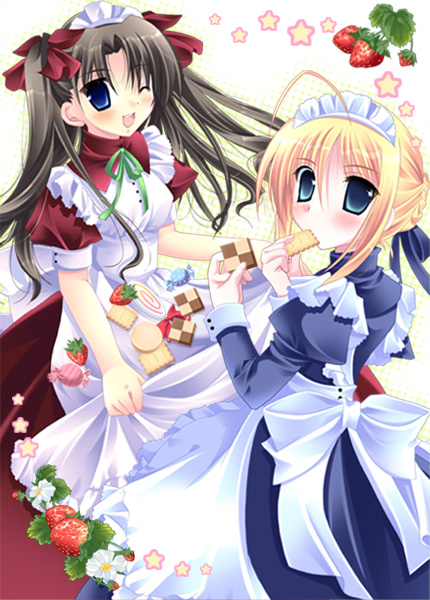 artoria pendragon (fate), saber (fate), tohsaka rin, fate/stay night, fate (series), 00s, 2girls, alternate costume, cake, food, fruit, maid, multiple girls, one eye closed, pastry, strawberry, wink