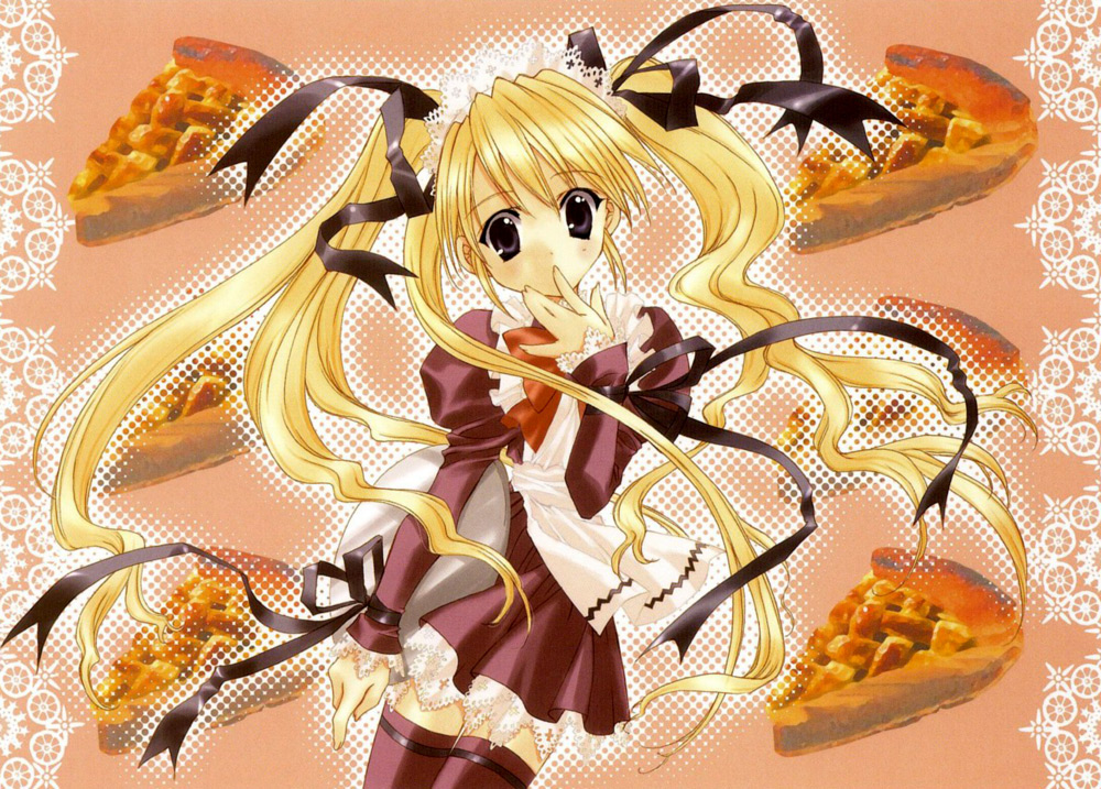 nanase aoi, haga musia, angel/dust neo, angel dust neo, angel flavor, artbook, apron, blonde hair, cake, food, hair ribbon, long hair, maid, maid apron, pastry, ribbon, solo, thighhighs, tray, twintails, waitress, zettai ryouiki