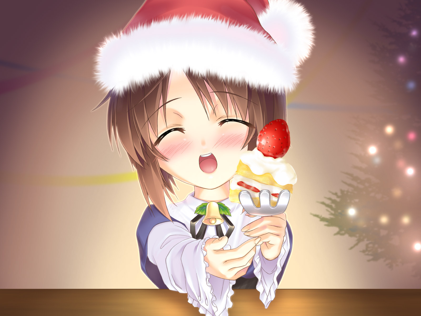 tachibana surimu, souseiseki, rozen maiden, highres, 00s, 1girl, bell, blush, brown hair, cake, christmas, christmas tree, closed eyes, female focus, food, fruit, giving, hat, open mouth, pastry, santa hat, short hair, solo, strawberry, strawberry shortcake, upper body