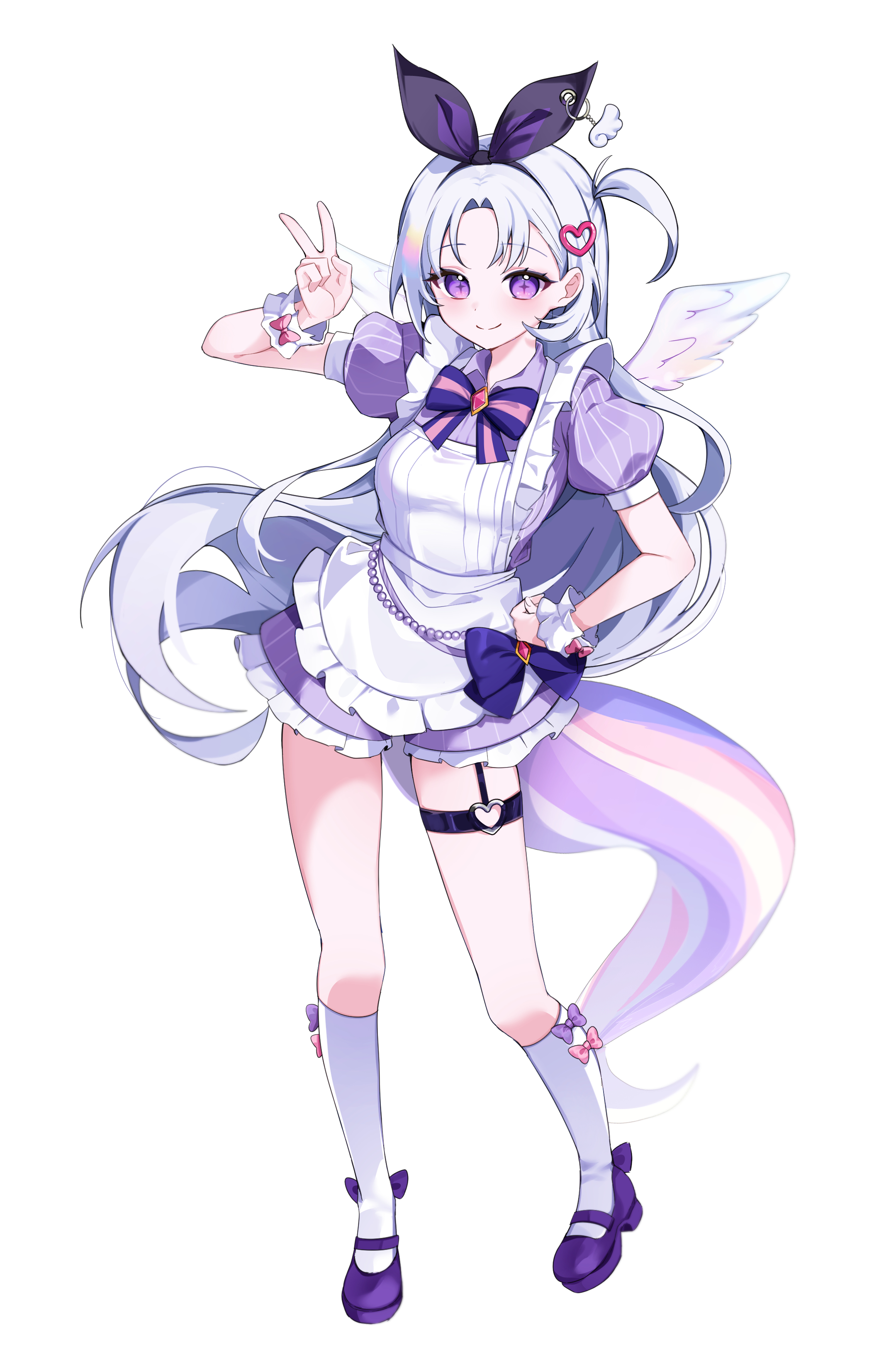 chaum, ayatsuno yuni, stellive, absurdres, hashtag-only commentary, highres, 1girl, apron, black bow, bow, bow hairband, curtained hair, frilled apron, frills, hair ornament, hairband, hand on own hip, hand up, heart, heart hair ornament, kneehighs, long hair, looking at viewer, puffy short sleeves, puffy sleeves, purple bow, purple eyes, purple shirt, purple shoes, purple tail, shirt, shoes, short sleeves, side ahoge, simple background, socks, solo, standing, v, very long hair, virtual youtuber, white apron, white background, white hair, white socks, white wrist cuffs, wrist cuffs