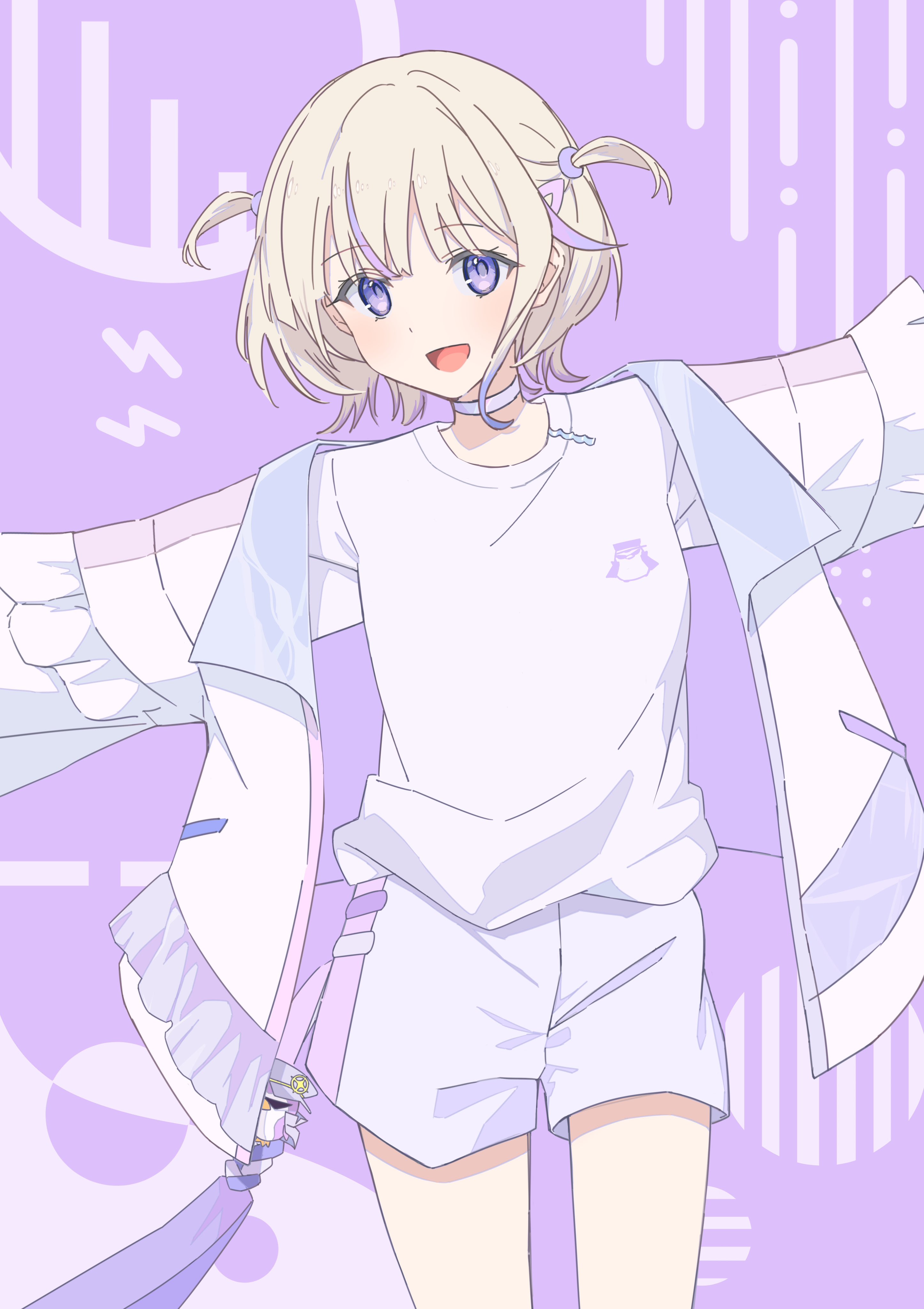 oninome tsuki, todoroki hajime, todoroki hajime (1st costume), hololive, hololive dev is, absurdres, highres, 1girl, arm up, blonde hair, choker, cowboy shot, hair ornament, jacket, long sleeves, looking at viewer, multicolored hair, open mouth, purple choker, purple eyes, purple hair, purple jacket, purple shorts, purple streaks, shirt, short hair, shorts, simple background, smile, solo, streaked hair, two side up, virtual youtuber, white jacket, white shirt, white shorts