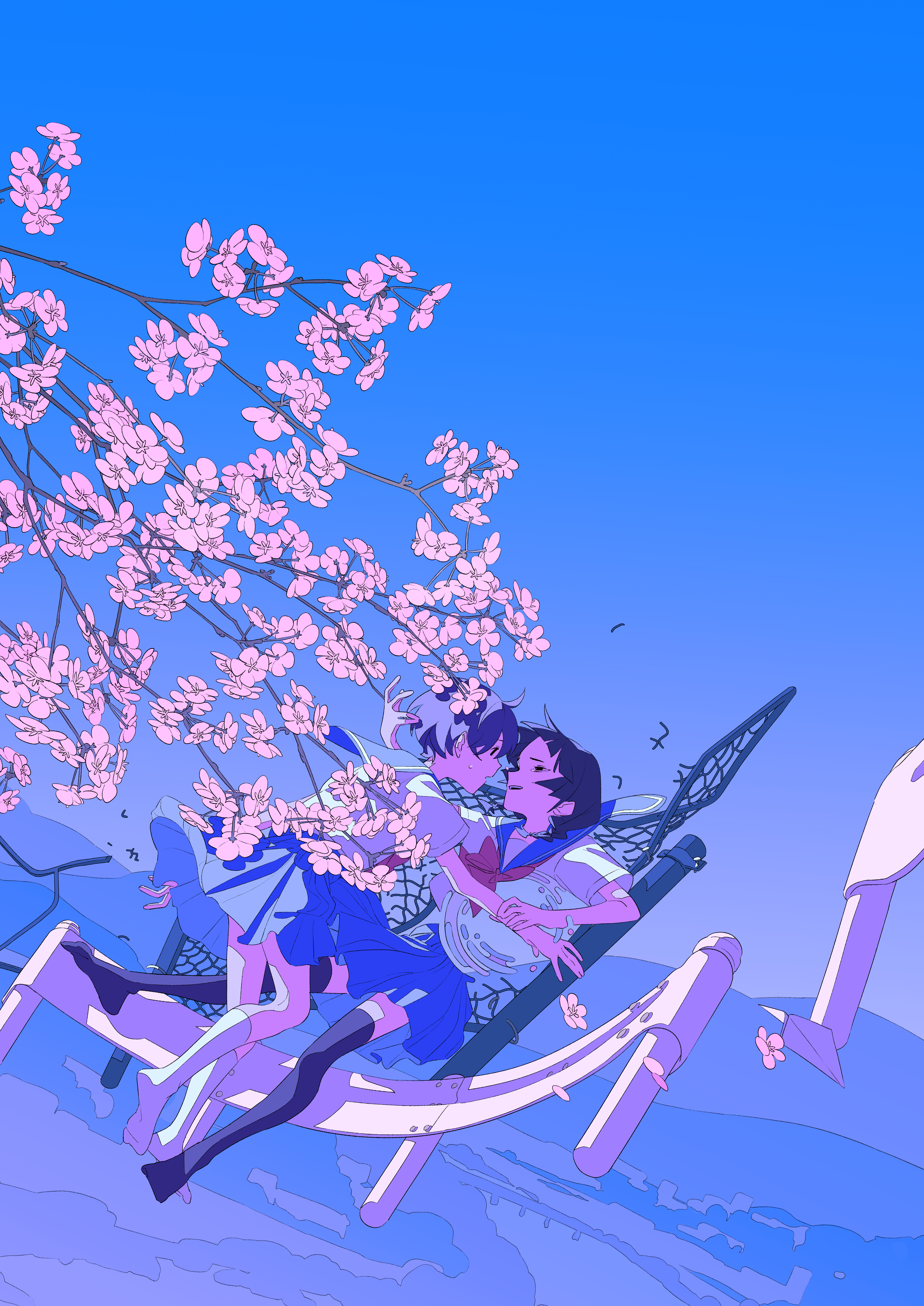 lazool 721, original, absurdres, commentary request, highres, 2girls, black hair, black thighhighs, blue hair, blue sailor collar, blue skirt, blue sky, blue theme, bow, bowtie, branch, chain-link fence, crying, disintegration, dying, eye contact, fence, flower, full body, guard rail, kneehighs, looking at another, multiple girls, no shoes, outdoors, parted lips, pleated skirt, red bow, red bowtie, sailor collar, school uniform, serafuku, shirt, short hair, short sleeves, skirt, sky, socks, surreal, thighhighs, white flower, white shirt, white socks