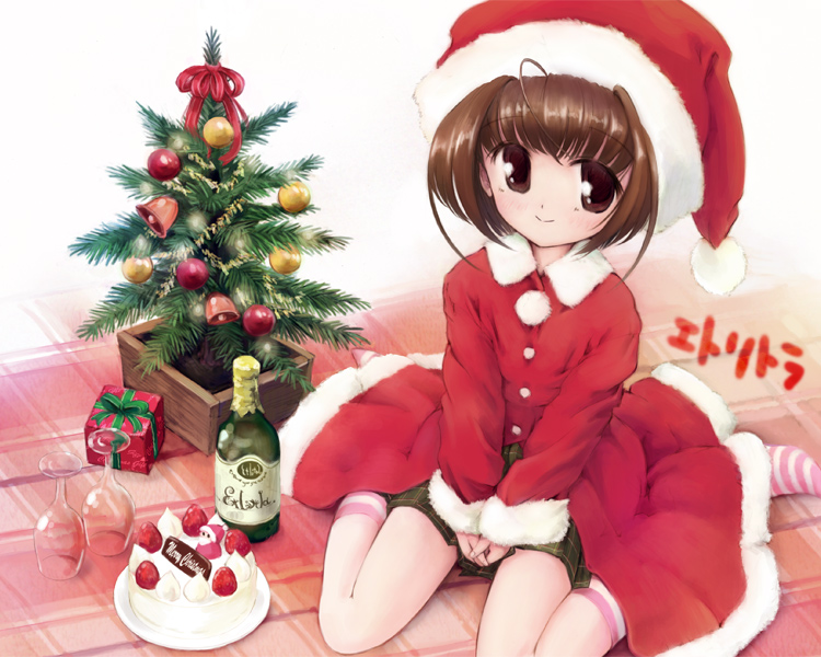 mimukamu, santa claus, original, bauble, 1girl, bell, bottle, brown eyes, brown hair, cake, christmas, christmas ornaments, christmas tree, cup, drinking glass, english text, female focus, food, gift, looking at viewer, merry christmas, no shoes, own hands together, pastry, pink thighhighs, plate, santa costume, short hair, sitting, smile, solo, striped clothes, striped thighhighs, thighhighs, wariza, white thighhighs, wine bottle, wine glass