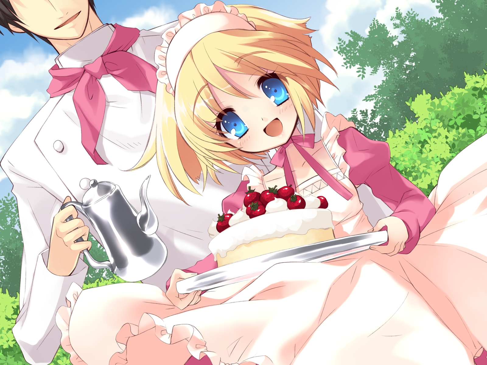 ito noizi, odoodo funny, alice parade, game cg, highres, 1girl, blonde hair, blue eyes, cake, female focus, food, maid, pastry, solo, solo focus, strawberry shortcake