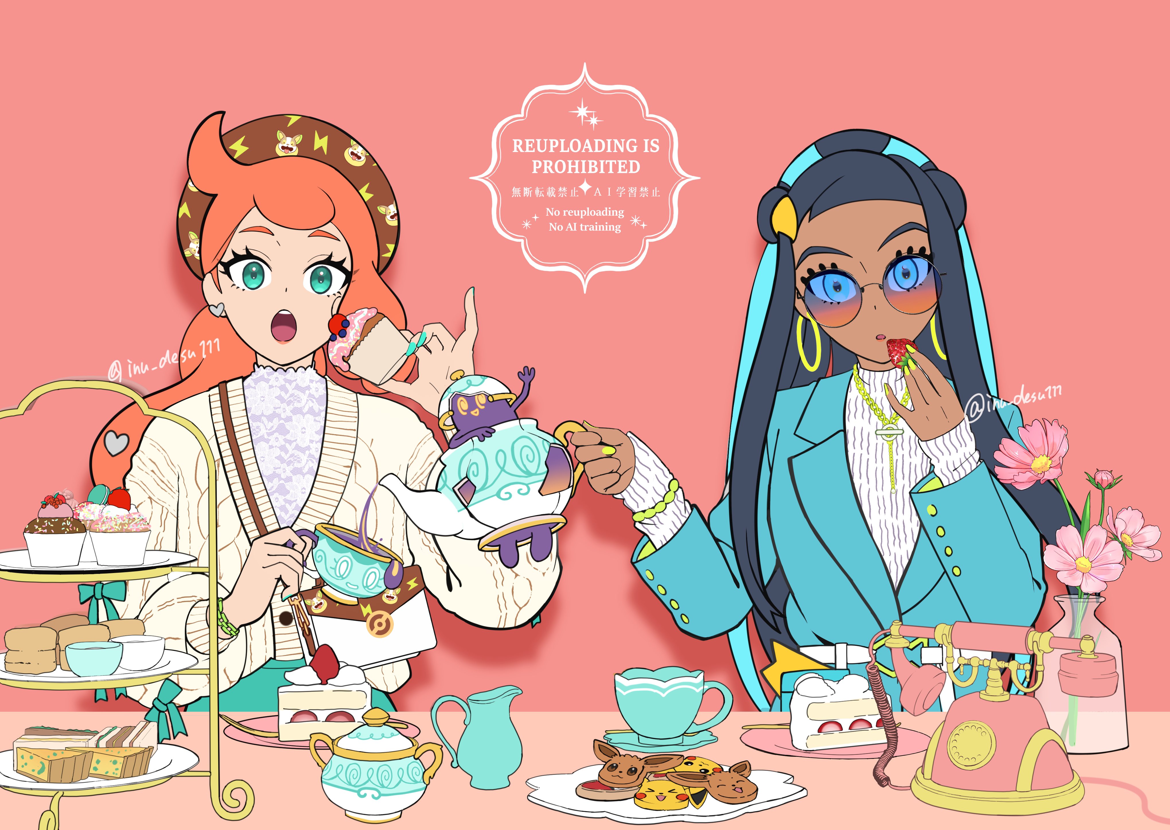shiba (tonari no shiba inu), nessa (pokemon), polteageist, sonia (pokemon), nintendo, pokemon, pokemon swsh, absurdres, commentary, highres, 2girls, :o, alternate costume, buttons, cake, cake slice, cardigan, coat, cup, cupcake, dark-skinned female, dark skin, earrings, eating, eyelashes, flower, food, fruit, gen 8 pokemon, green eyes, green nails, hair ornament, heart, heart hair ornament, holding, hoop earrings, jewelry, long hair, long sleeves, looking at viewer, multiple girls, nail polish, necklace, open mouth, orange hair, pink flower, saucer, shirt, strawberry, sunglasses, sweater under coat, table, teapot, teeth, tongue, twitter username, upper teeth only, watermark, yellow nails