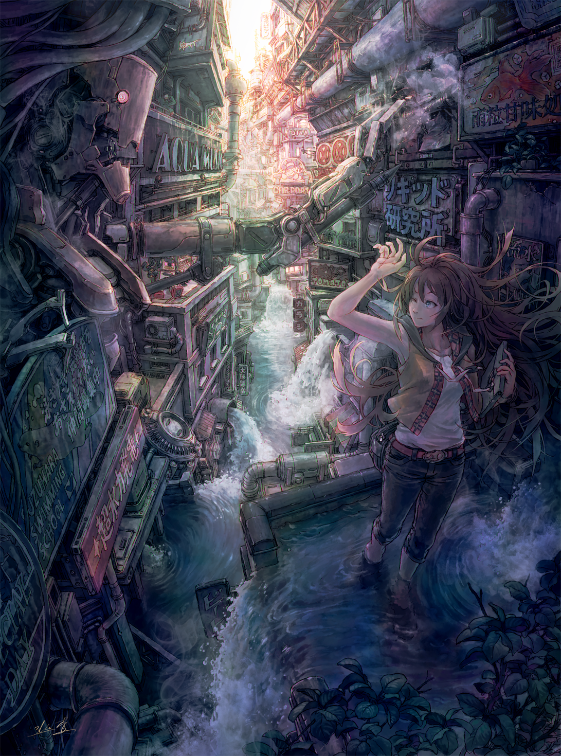 junpei (juntonanotukunanika), original, commentary request, highres, 1girl, absurdly detailed composition, alley, arm up, armpits, belt, black pants, brown hair, brown vest, building, closed mouth, complex exterior, day, denim, destruction, floating hair, flood, full body, hand up, holding, jeans, long hair, one eye closed, open clothes, open vest, outdoors, pants, pink belt, robot, scenery, shirt, sign, sleeveless, sleeveless shirt, solo, steampunk, vest, wading, water, white shirt