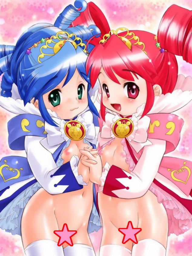 fine (futagohime), rein (futagohime), fushigiboshi no futago hime, tagme, 00s, 2girls, :3, blue hair, censored, green eyes, holding hands, loli, multiple girls, nipples, nude, red eyes, red hair, ribbon, siblings, sisters, smile, standing, star (symbol), star censor, thighhighs, twins
