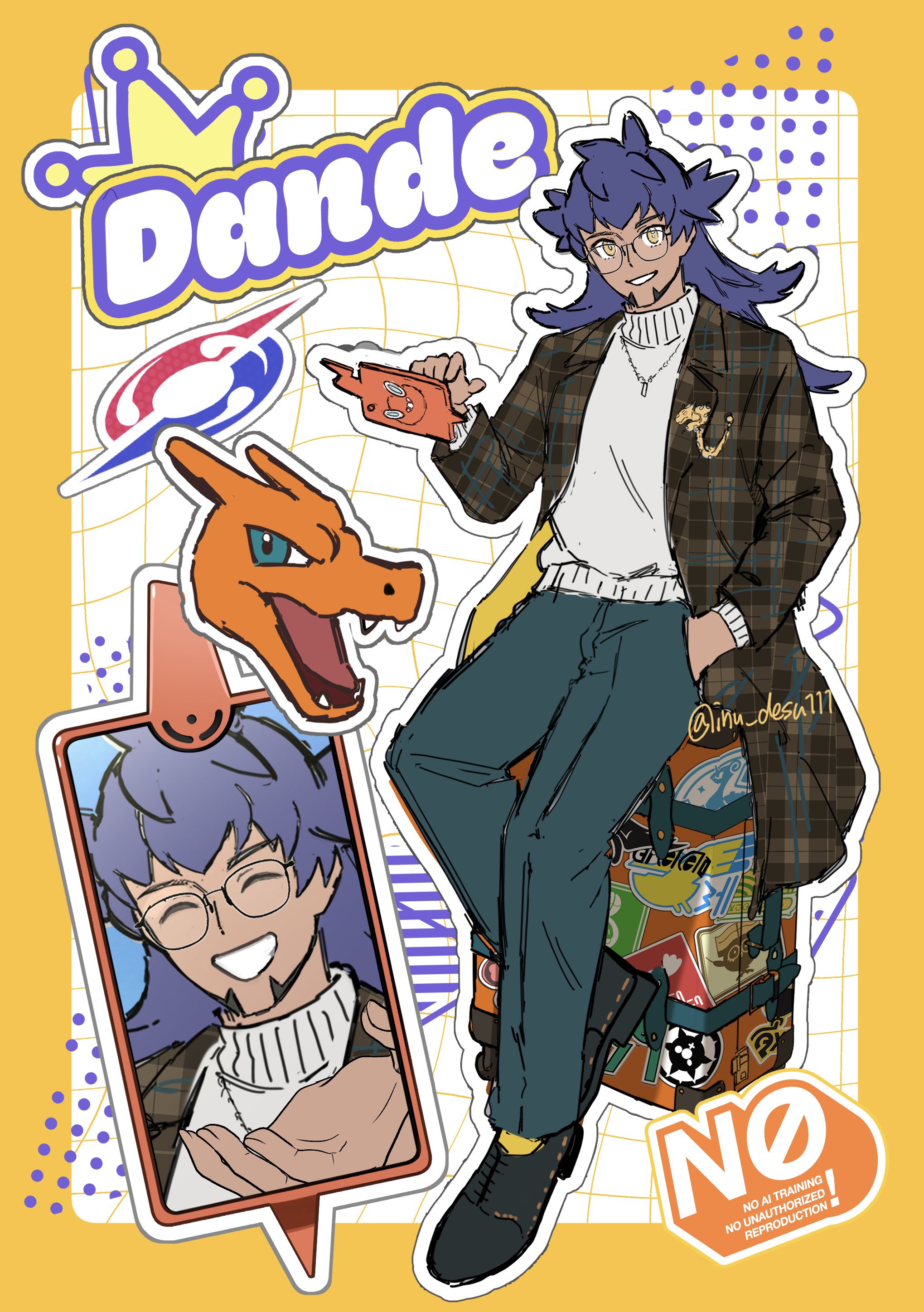 shiba (tonari no shiba inu), charizard, leon (pokemon), rotom, rotom phone, nintendo, pokemon, pokemon swsh, absurdres, commentary, highres, 1boy, alternate costume, bespectacled, border, character name, coat, facial hair, gen 1 pokemon, gen 4 pokemon, glasses, grin, hand in pocket, hand up, jewelry, long hair, long sleeves, looking at viewer, male focus, necklace, open clothes, open coat, outline, pants, shoes, smile, suitcase, sweater under coat, teeth, twitter username, watermark, yellow border, yellow eyes