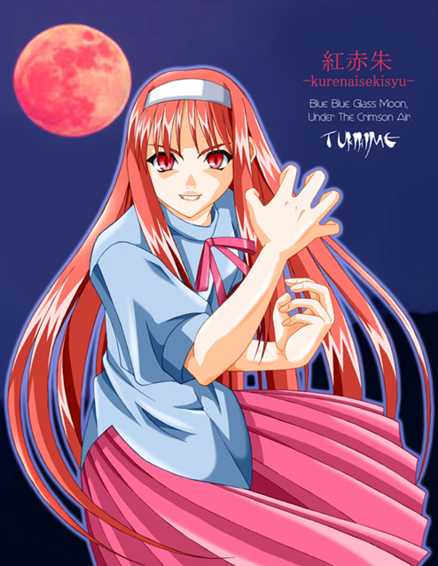 kumashiro izuta, tohno akiha, toono akiha, vermillion akiha, tsukihime, bad id, commentary request, 1girl, 2000s (style), bow, bowtie, cowboy shot, fingernails, grey shirt, grin, hairband, long hair, looking at viewer, moon, pink bow, pink bowtie, pink skirt, pleated skirt, purple sky, red eyes, red hair, red moon, shirt, short sleeves, skirt, sky, smile, solo, v-shaped eyebrows, very long hair, white hairband