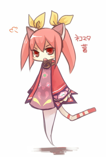 akamomosiro, emil chronicle online, 1girl, animal ears, blush stickers, bow, cat ears, cat girl, cat tail, character name, dress, ghost girl, ghost tail, hair bow, nekomata akane, puff of air, red dress, red eyes, red hair, solo, tail, twintails, white background, yellow bow