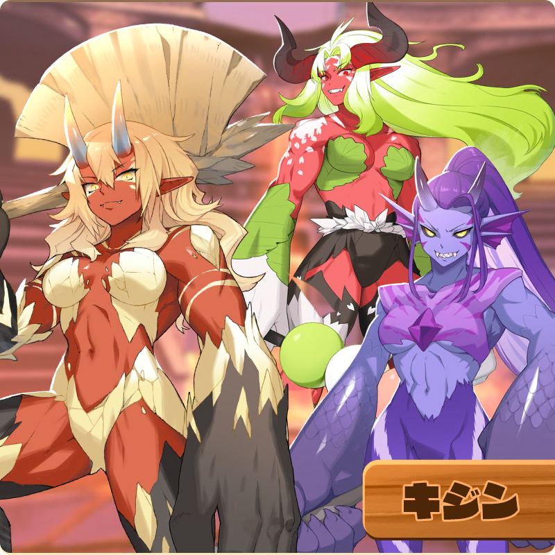 line: monster farm, monster farm, official art, 3girls, axe, black sclera, blonde hair, blue skin, colored sclera, colored skin, fangs, giant hand, green hair, hanayoridango (monster farm), horns, kijin (monster farm), lamia (monster farm), multiple girls, muscular, muscular female, oni, ponytail, purple hair, red eyes, red skin, scales, smile, yellow eyes