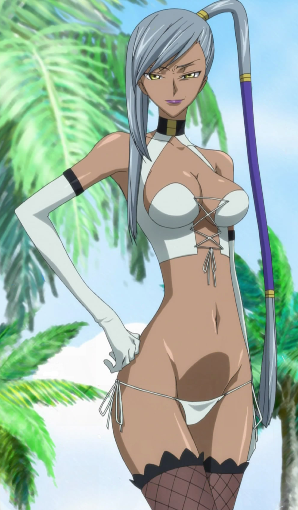 villetta nu, code geass, anime screenshot, highres, stitched, third-party edit, 00s, 1girl, annoyed, bikini, breasts, collarbone, dark skin, elbow gloves, gloves, grey hair, groin, hand on own hip, navel, palm tree, purple lips, side-tie bikini bottom, swimsuit, tree, yellow eyes