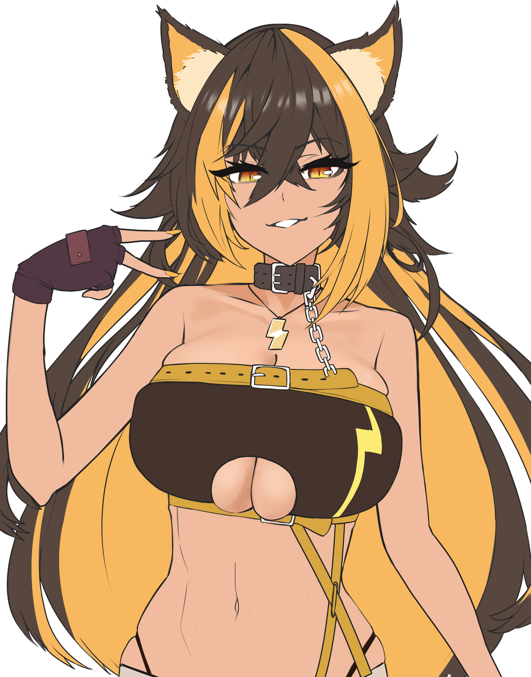 heiz illust, nekoyo chloe, animal ears, belt, blonde hair, breasts, cat ears, collar, dark-skinned female, dark skin, midriff, nail polish, navel, skindentation, underboob, virtual youtuber, yellow eyes, yellow nails
