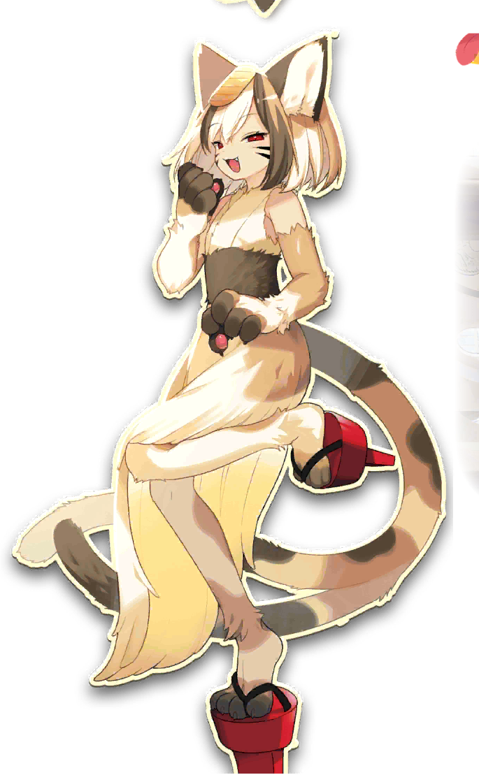 kyuubi (monster farm), line: monster farm, monster farm, official art, 1girl, animal ears, animal hands, cat ears, cat girl, fur dress, japanese clothes, kimono, monster girl, multicolored hair, nekomata, red eyes, sandal, tail, tbd (monster farm)