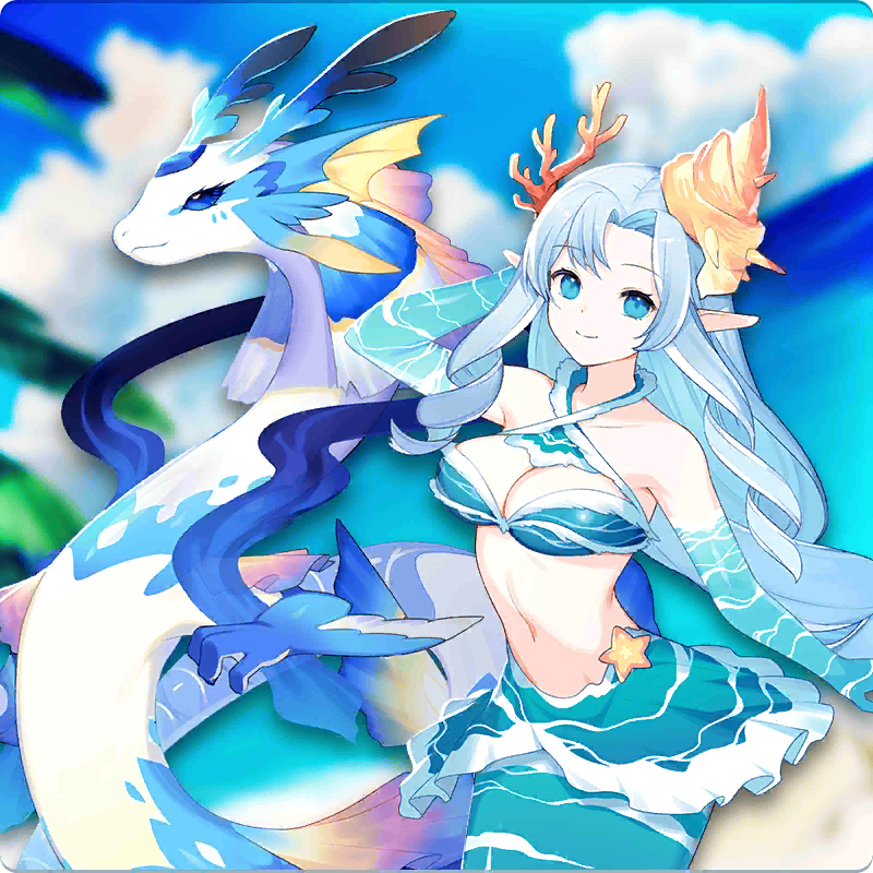 shinryu (monster farm), undine (monster farm), line: monster farm, monster farm, official art, 1girl, blue eyes, blue hair, caracola, coral, dragon, hair ornament, liquid body, mermaid, monster girl, neptune (monster farm), okeanos (monster farm), pointy ears, smile, starfish
