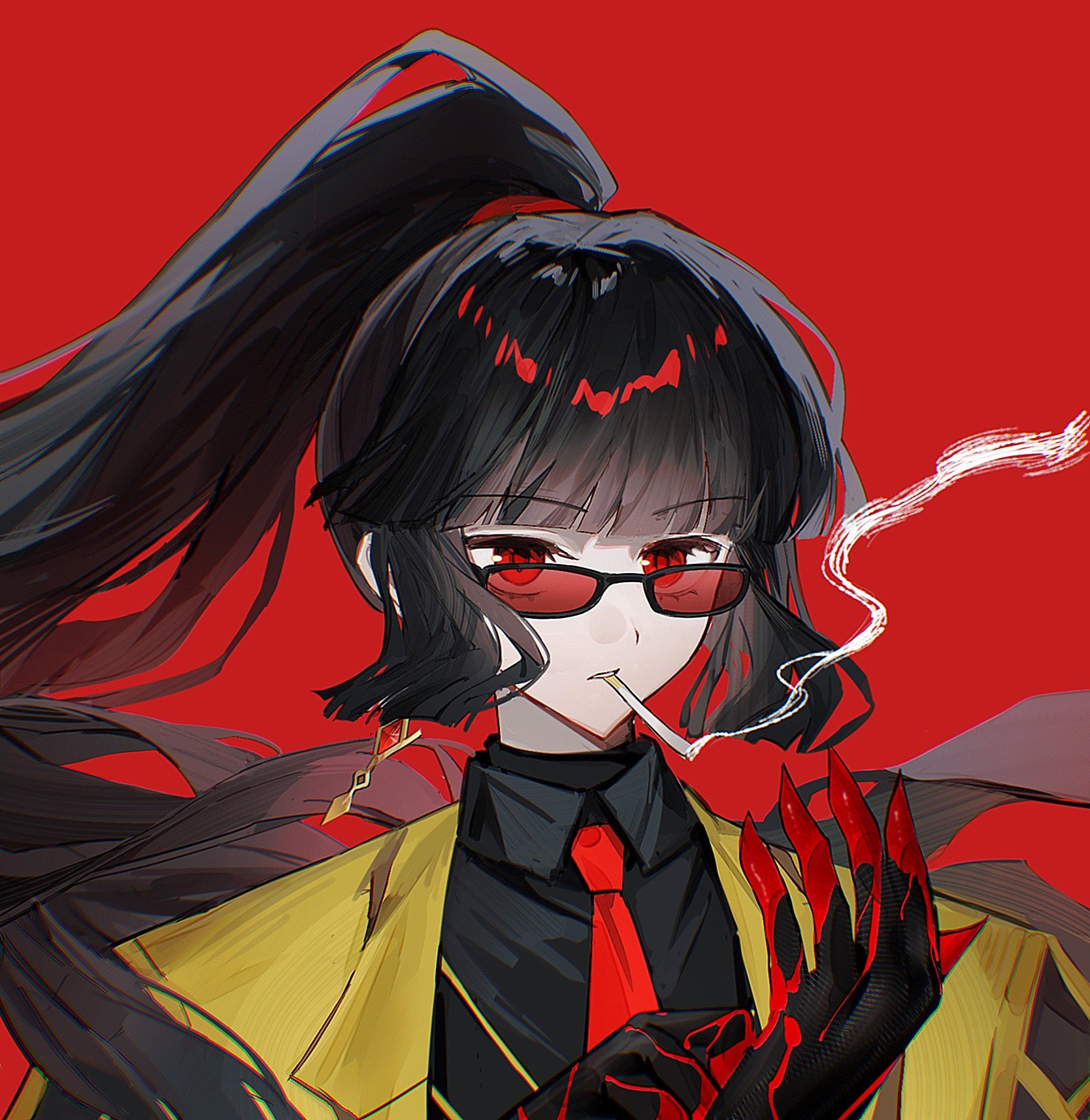 bochishiraita, ryoshu (project moon), limbus company, project moon, highres, 1girl, black gloves, black hair, black shirt, blood, blood on hands, cigarette, coat, collared shirt, contempt awe (e.g.o), e.g.o (project moon), earrings, gloves, jewelry, long hair, looking at viewer, n corp. e.g.o (identity) (project moon), necktie, ponytail, red-tinted eyewear, red background, red eyes, red necktie, shirt, simple background, single earring, smoking, solo, sunglasses, tinted eyewear, upper body, yellow coat