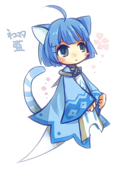 akamomosiro, emil chronicle online, 1girl, ahoge, animal ears, blue dress, blue eyes, blue hair, blue tail, blush stickers, cat ears, cat girl, cat tail, character name, dress, ghost girl, ghost tail, nekomata ai, solo, tail, white background