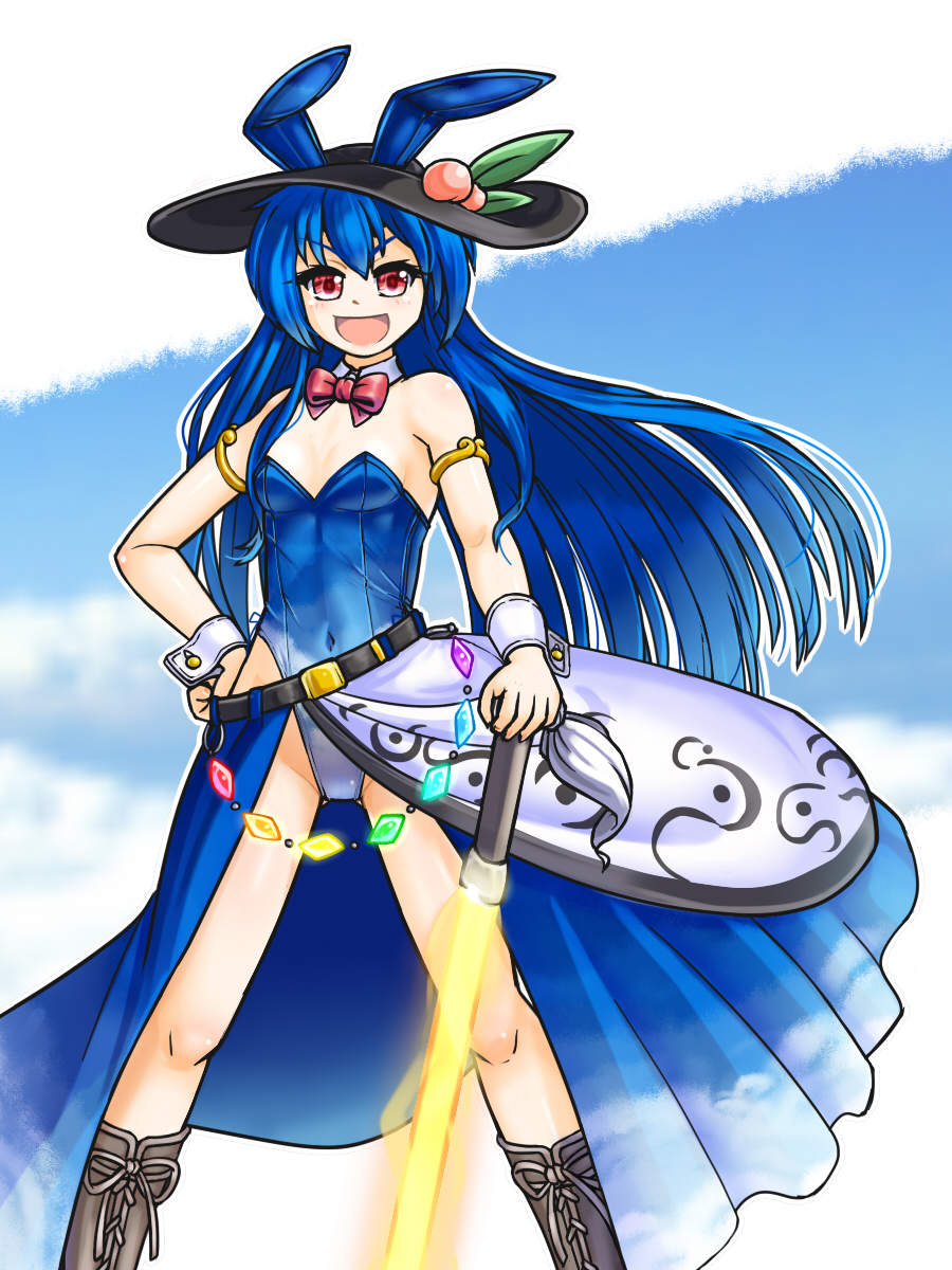 mail (mail gell), hinanawi tenshi, touhou, highres, 1girl, animal ears, armlet, asymmetrical skirt, belt, black hat, blue hair, blue leotard, blue sky, boots, bow, bowtie, breasts, cleavage, cloud, cloudy sky, covered navel, detached collar, fake animal ears, feet out of frame, food, fruit, gem, gem belt, half-skirt, hand on own hip, hat, jewelry, lace-up boots, leaf, legs apart, leotard, light blush, long hair, long skirt, open mouth, peach, playboy bunny, rabbit ears, rainbow order, red bow, red bowtie, red eyes, skirt, sky, sky print, small breasts, smile, solo, standing, sword of hisou, v-shaped eyebrows, very long hair, white background, wrist cuffs