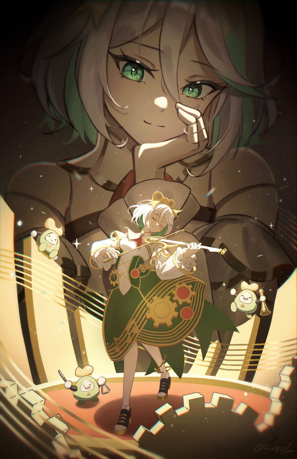 tailong yo, cecilia immergreen, cecilia immergreen (1st costume), otomo (cecilia immergreen), hololive, hololive english, highres, colored inner hair, doll joints, dress, gears, green dress, green eyes, green hair, grey hair, holding, holding instrument, holding violin, horn (instrument), instrument, joints, multicolored hair, music, playing instrument, signature, smile, triangle (instrument), violin, virtual youtuber, winding key