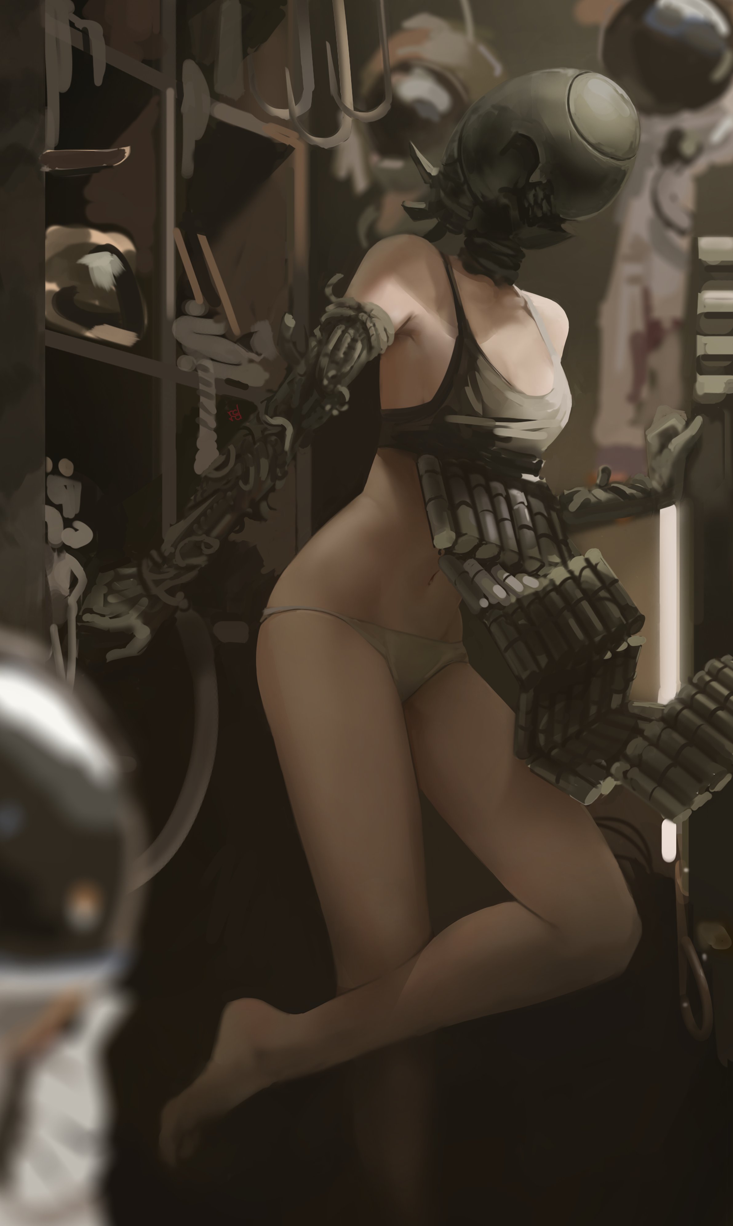 dana (ocana dana), bomb devil (chainsaw man), chainsaw man, absurdres, commentary, highres, 1girl, apron, black apron, breasts, dynamite, explosive, indoors, navel, panties, small breasts, solo, standing, standing on one leg, underwear, white panties