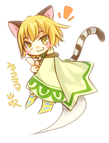 akamomosiro, emil chronicle online, 1girl, animal ears, blonde hair, blush stickers, cat ears, cat girl, cat tail, character name, dress, ghost girl, ghost tail, green dress, nekomata yamabuki, notice lines, pointing, pointing up, solo, tail, white background, yellow eyes