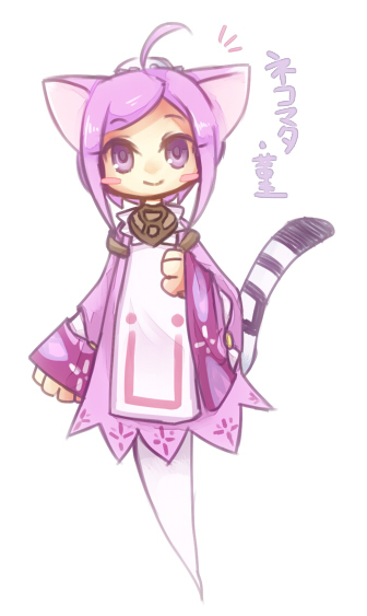 akamomosiro, nekomata sumire, emil chronicle online, 1girl, ahoge, animal ears, blush stickers, cat ears, cat girl, cat tail, character name, dress, ghost girl, ghost tail, hair bun, notice lines, purple dress, purple eyes, purple hair, tail, white background