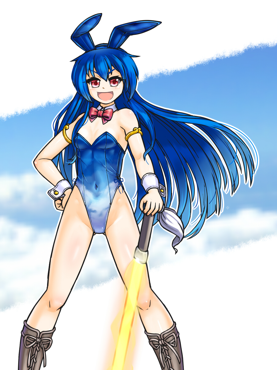 mail (mail gell), hinanawi tenshi, touhou, highres, 1girl, animal ear hairband, animal ears, armlet, blue hair, blue leotard, blue sky, boots, bow, bowtie, breasts, cleavage, cloud, cloudy sky, covered navel, detached collar, fake animal ears, feet out of frame, hairband, hand on own hip, jewelry, lace-up boots, legs apart, leotard, light blush, long hair, open mouth, playboy bunny, rabbit ears, red bow, red bowtie, red eyes, sky, sky print, small breasts, smile, solo, standing, sword of hisou, v-shaped eyebrows, very long hair, white background, wrist cuffs