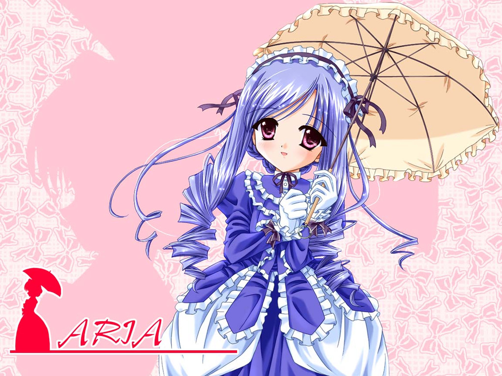 aria (sister princess), sister princess, 00s, 1girl, blue hair, blush, bow, character name, dress, drill hair, female focus, frills, gloves, hairband, lolita fashion, lolita hairband, long hair, parasol, pink eyes, ribbon, silhouette, smile, solo, twin drills, umbrella